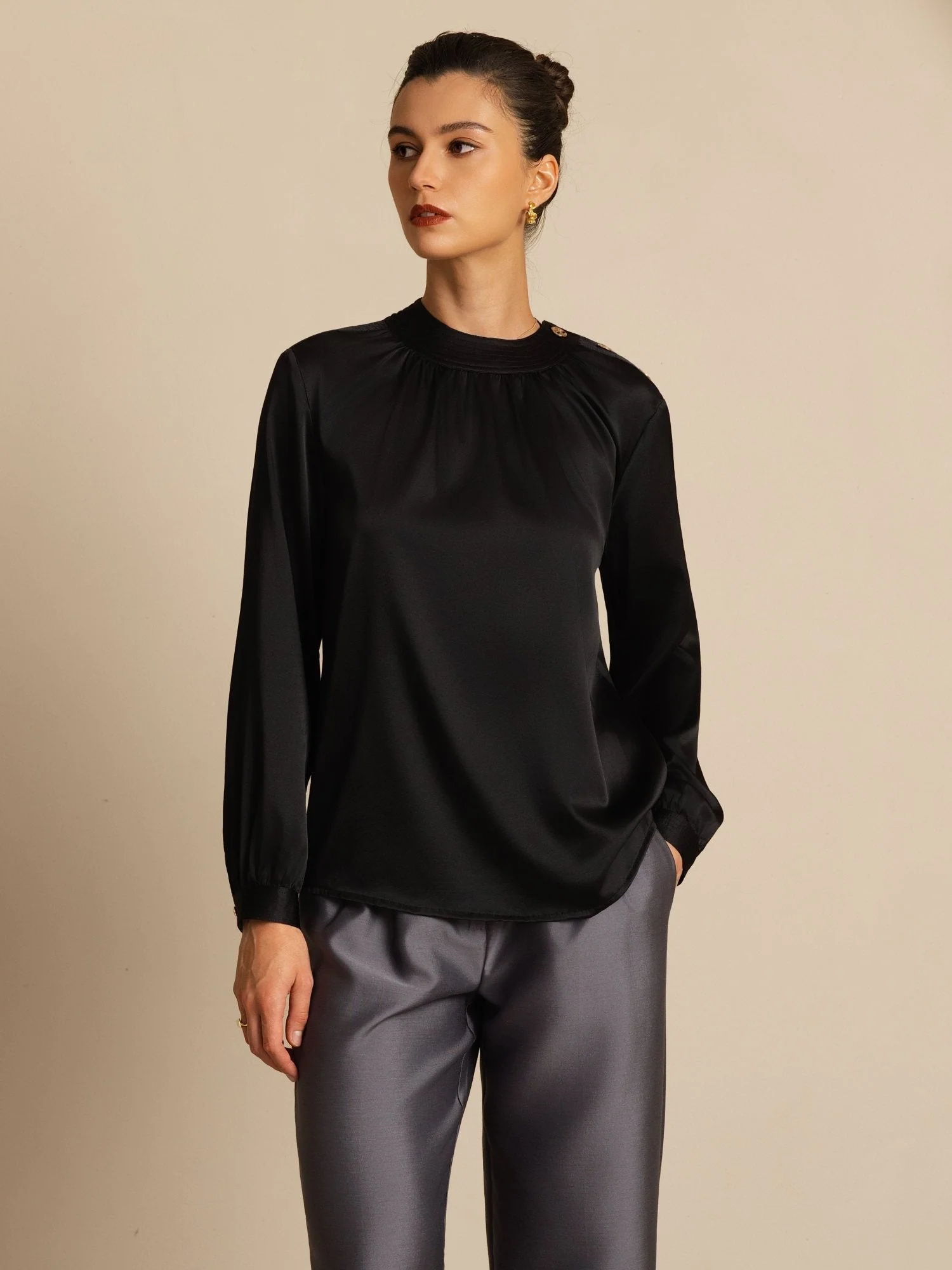 19Momme Silk Women’s Gathered Neck Long Sleeve Blouse - Image 19