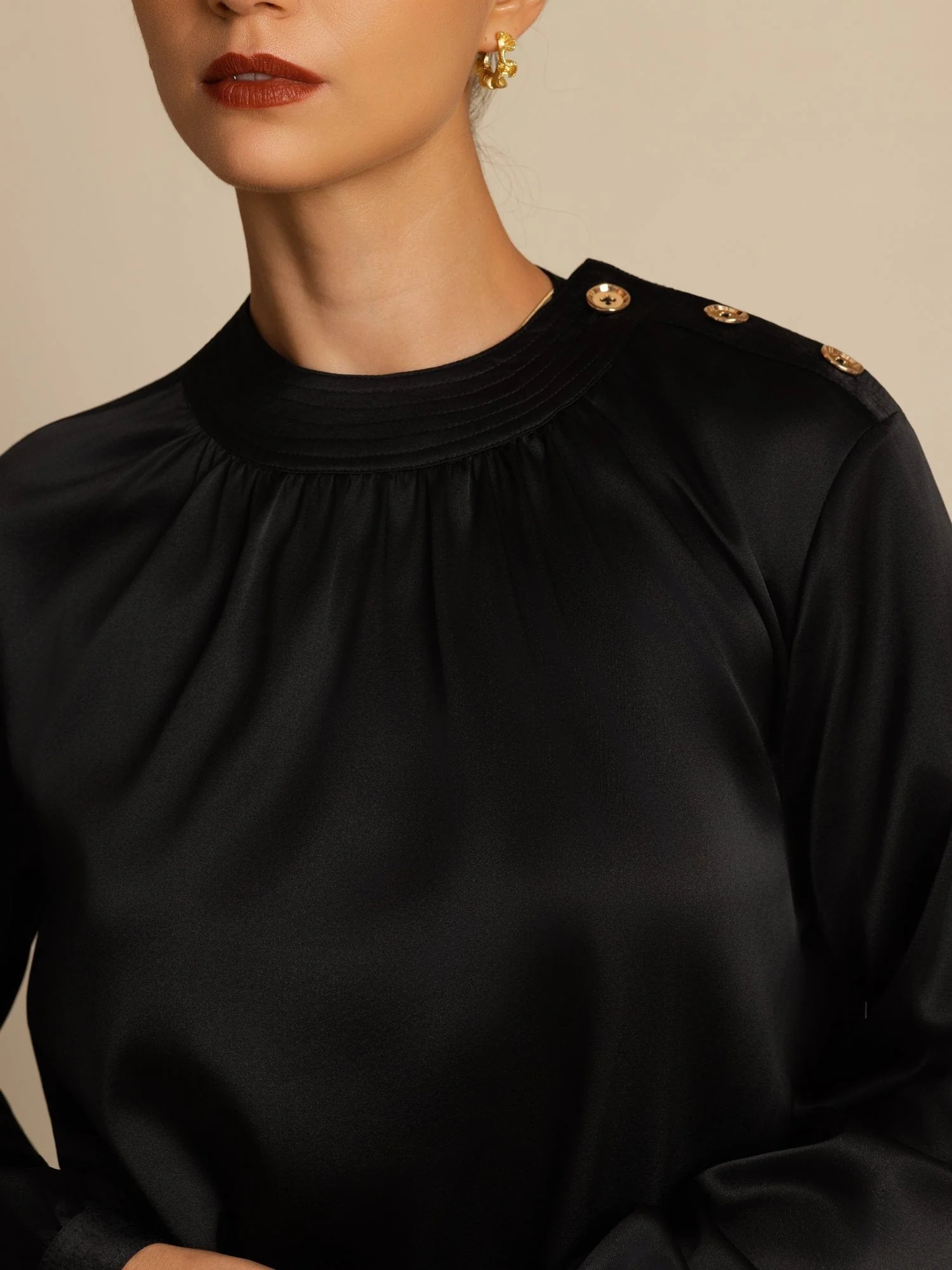 19Momme Silk Women’s Gathered Neck Long Sleeve Blouse - Image 20
