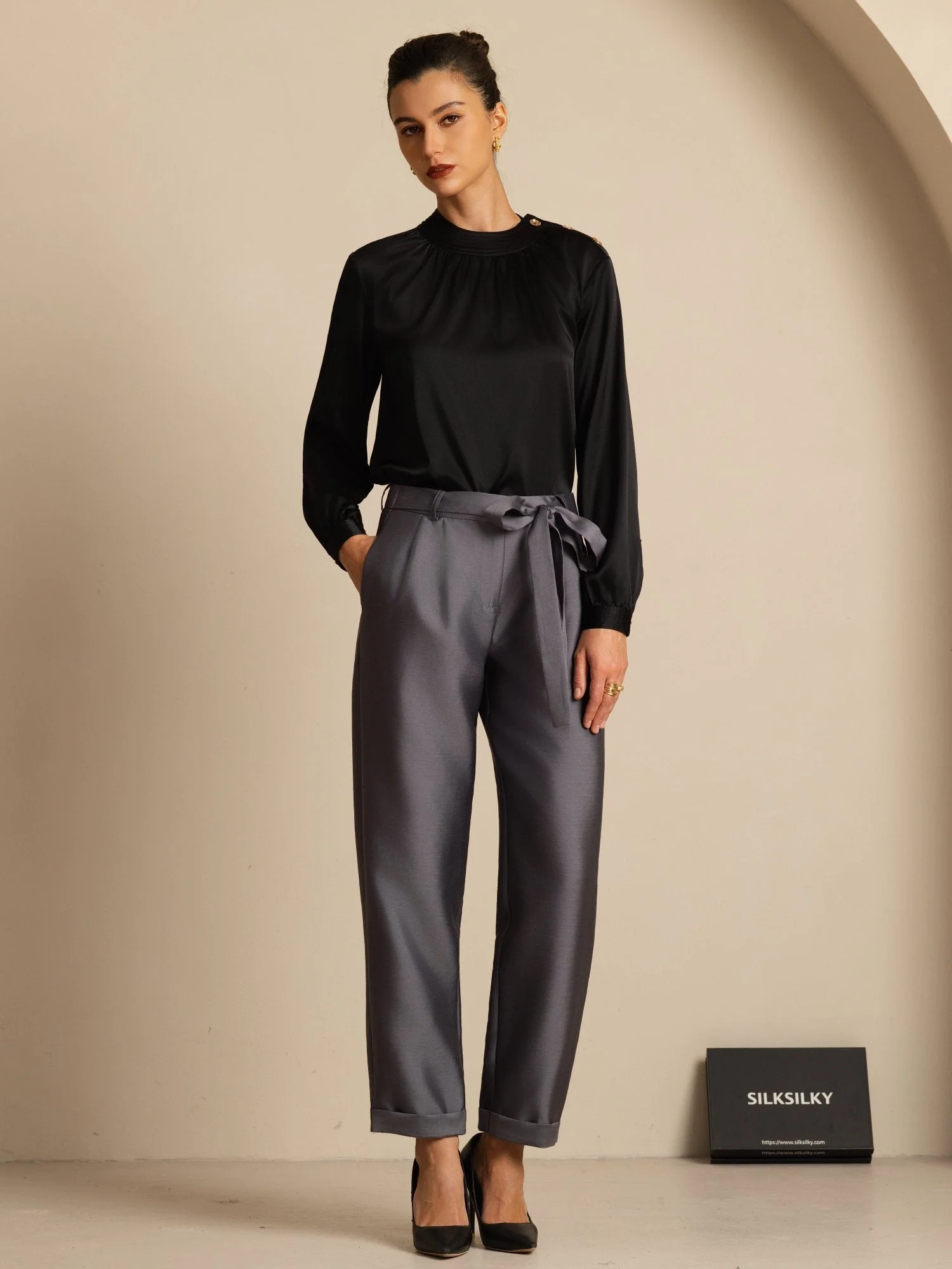 19Momme Silk Women’s Gathered Neck Long Sleeve Blouse - Image 21
