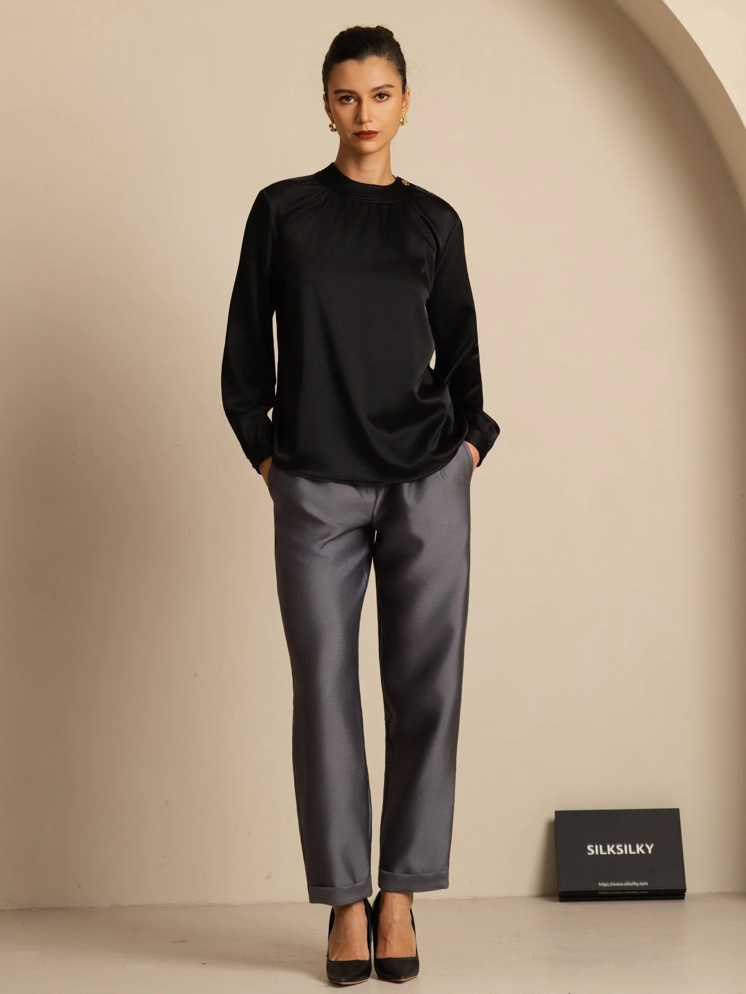 19Momme Silk Women’s Gathered Neck Long Sleeve Blouse - Image 23