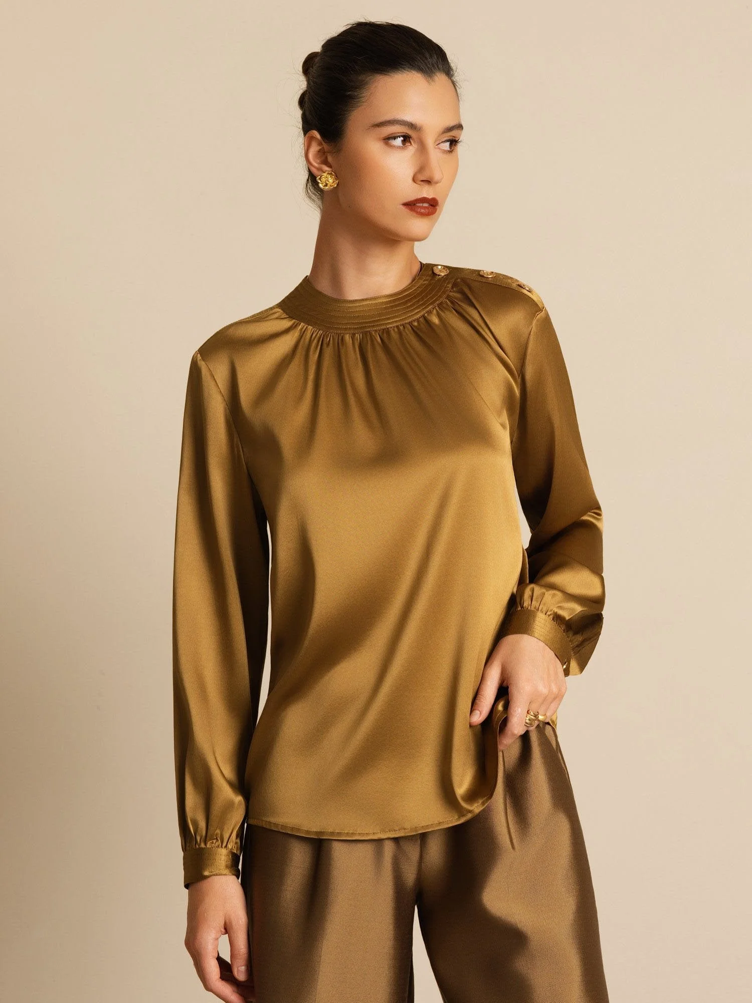 19Momme Silk Women’s Gathered Neck Long Sleeve Blouse - Image 24