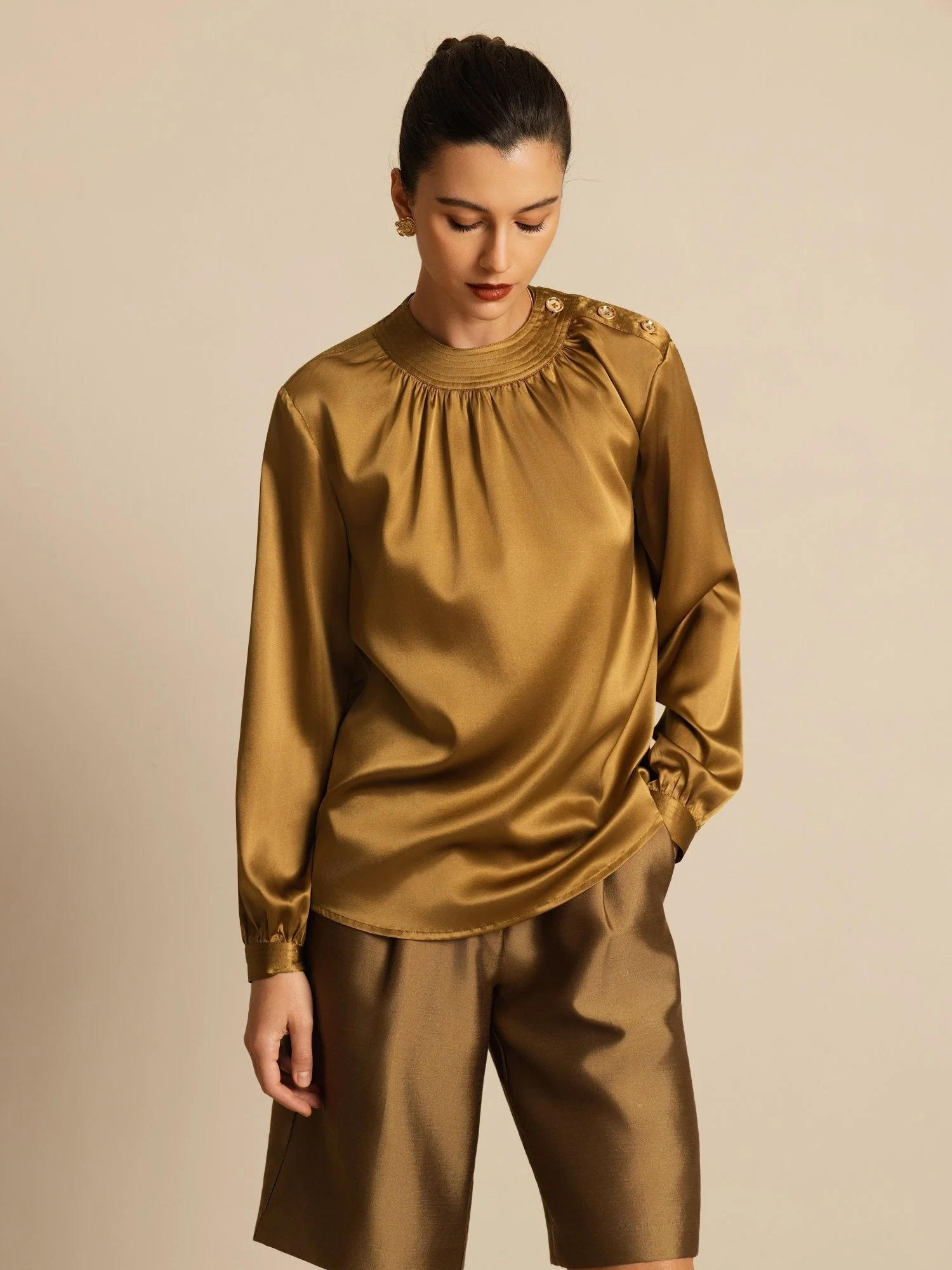 19Momme Silk Women’s Gathered Neck Long Sleeve Blouse - Image 26