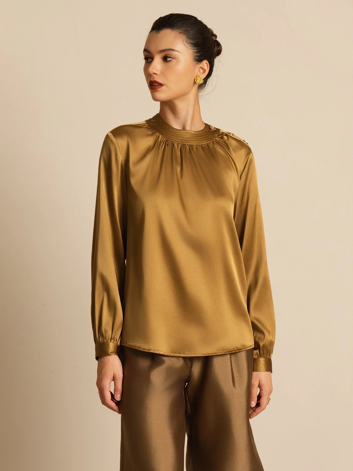 19Momme Silk Women’s Gathered Neck Long Sleeve Blouse - Image 27