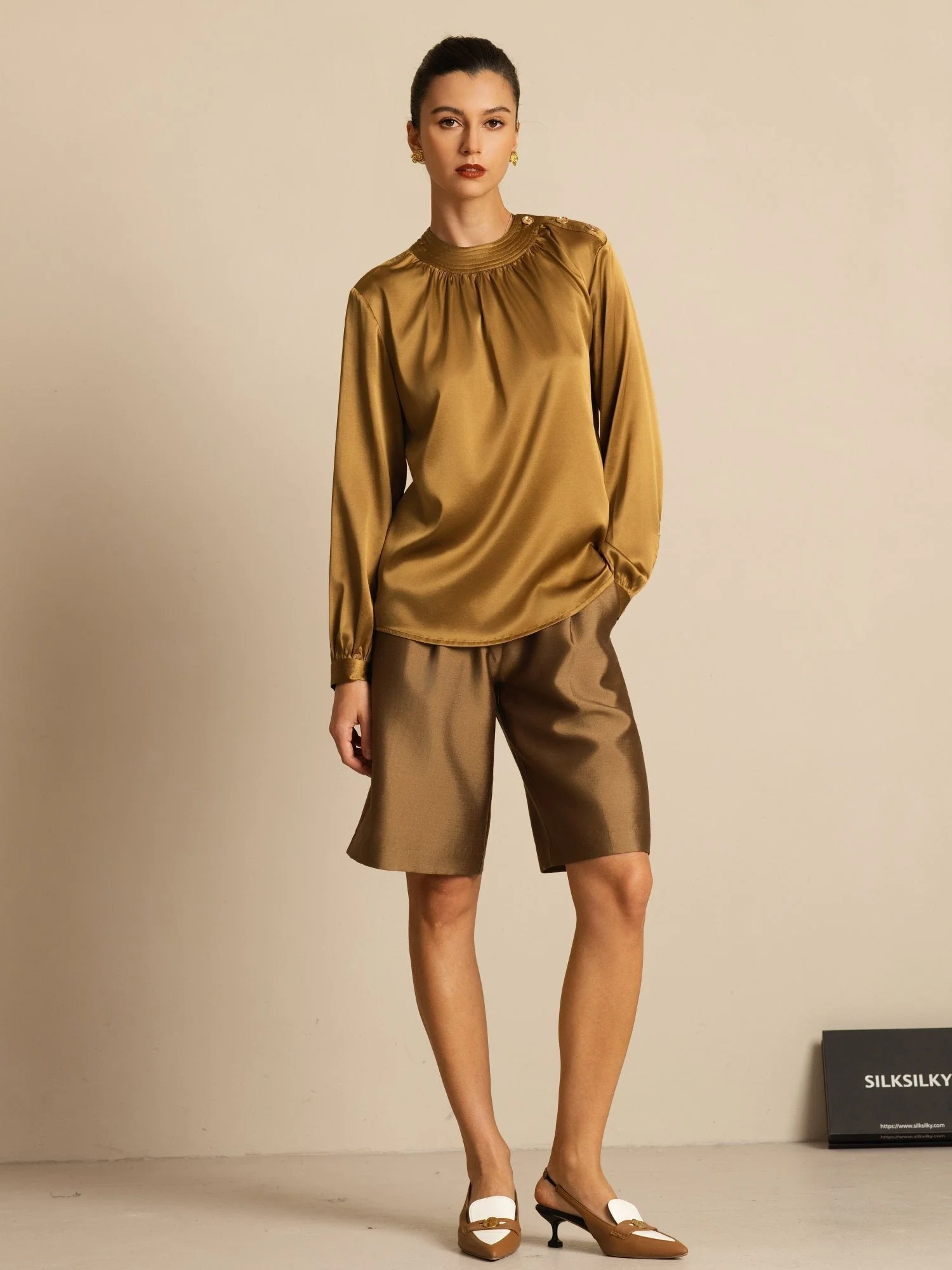 19Momme Silk Women’s Gathered Neck Long Sleeve Blouse - Image 29