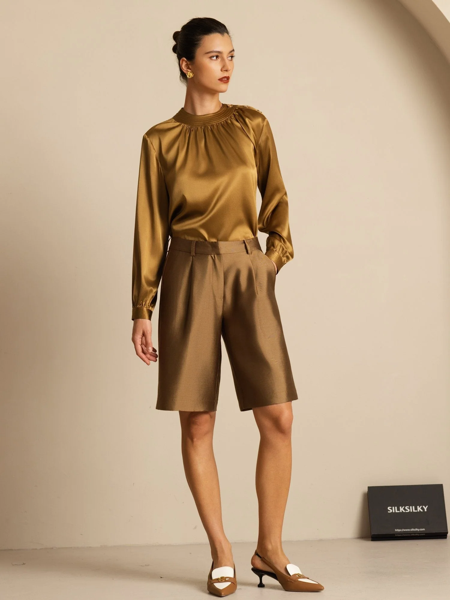 19Momme Silk Women’s Gathered Neck Long Sleeve Blouse - Image 30
