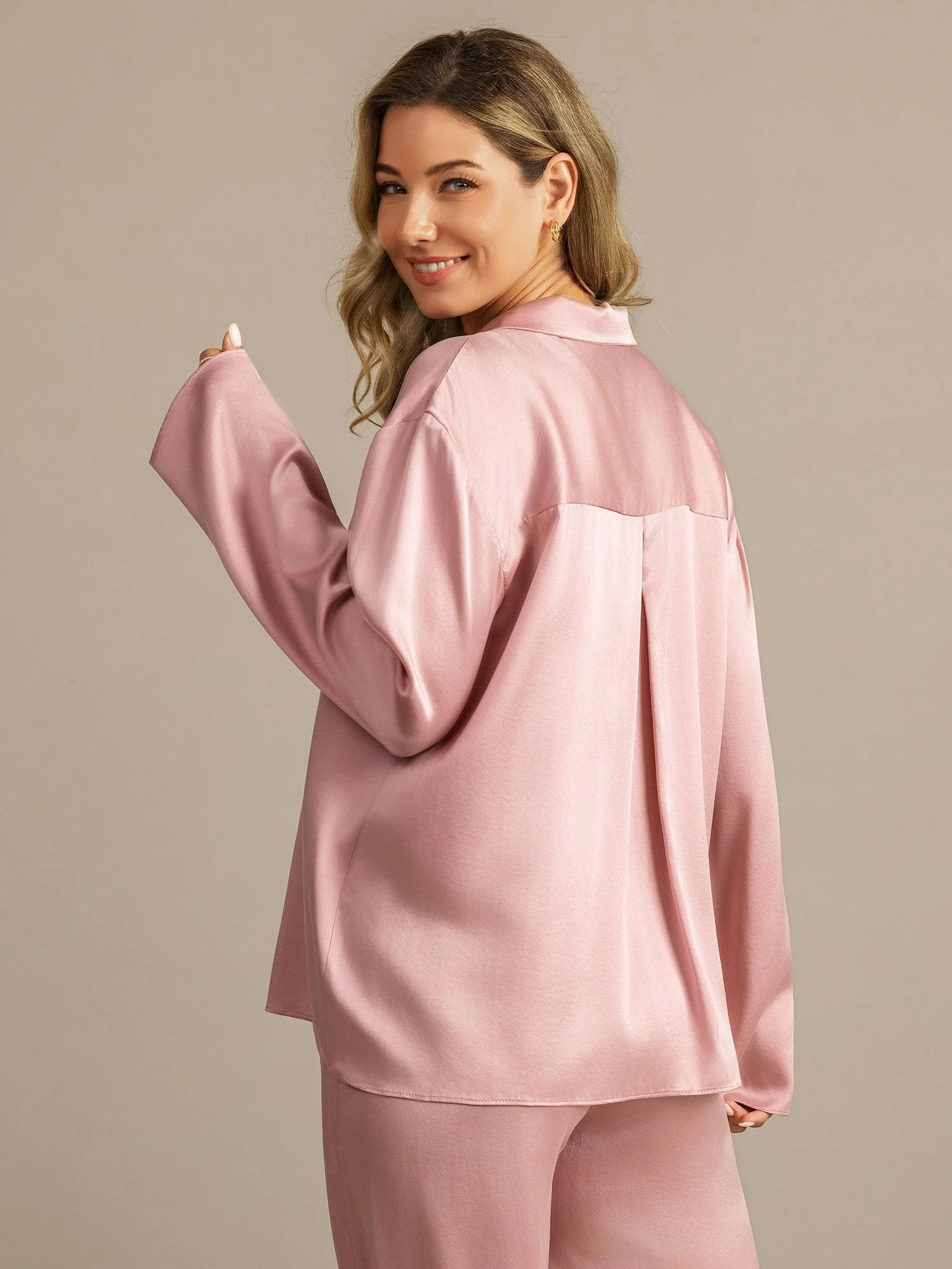 19Momme Washable Silk Long Sleeve Notch Collar Women's Pajamas Set - Image 21