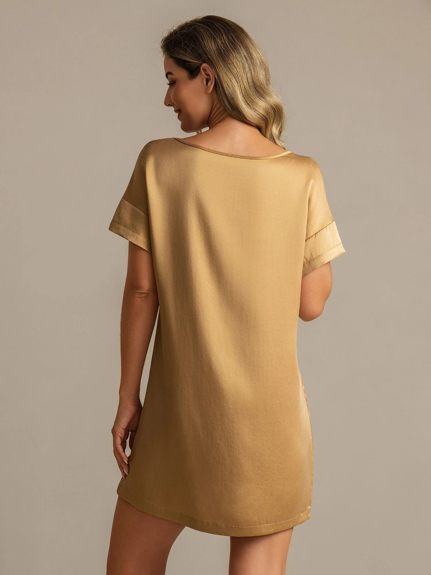 19Momme Washable Silk Short Sleeve Round Neck Short Nightdress - Image 16