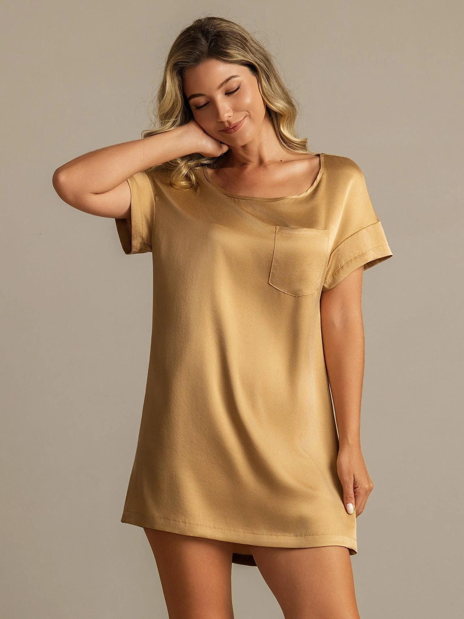 19Momme Washable Silk Short Sleeve Round Neck Short Nightdress - Image 20