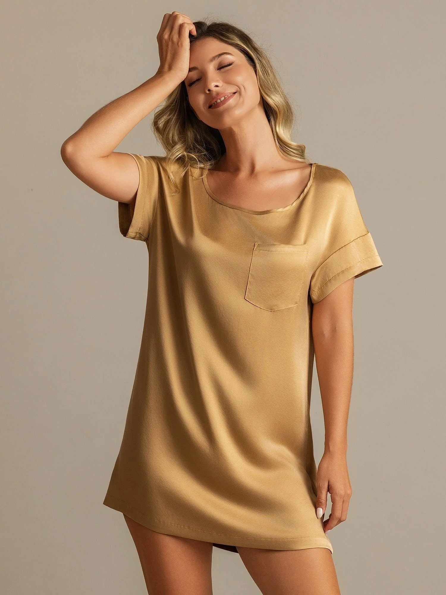19Momme Washable Silk Short Sleeve Round Neck Short Nightdress - Image 21