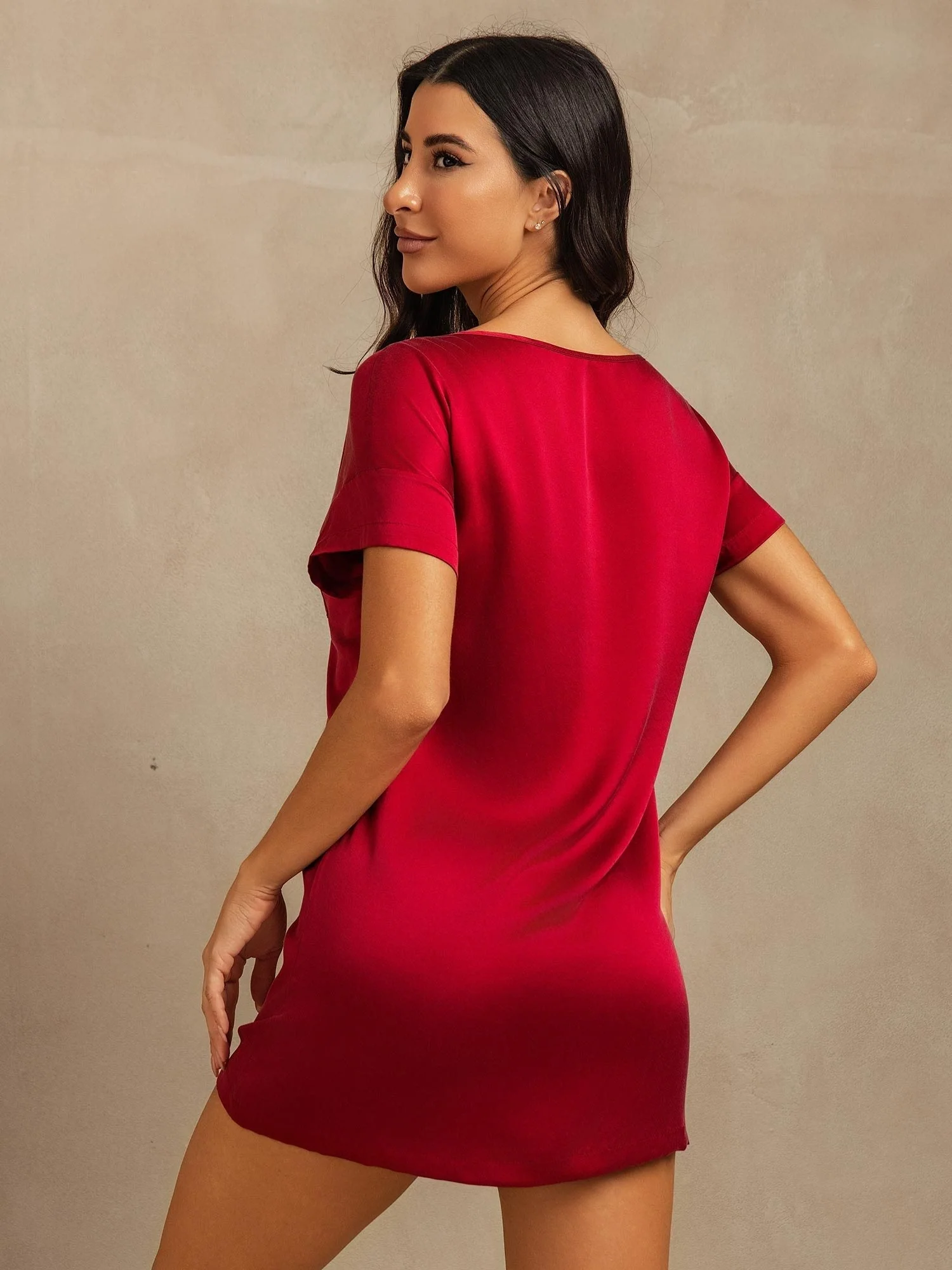 19Momme Washable Silk Short Sleeve Round Neck Short Nightdress - Image 31