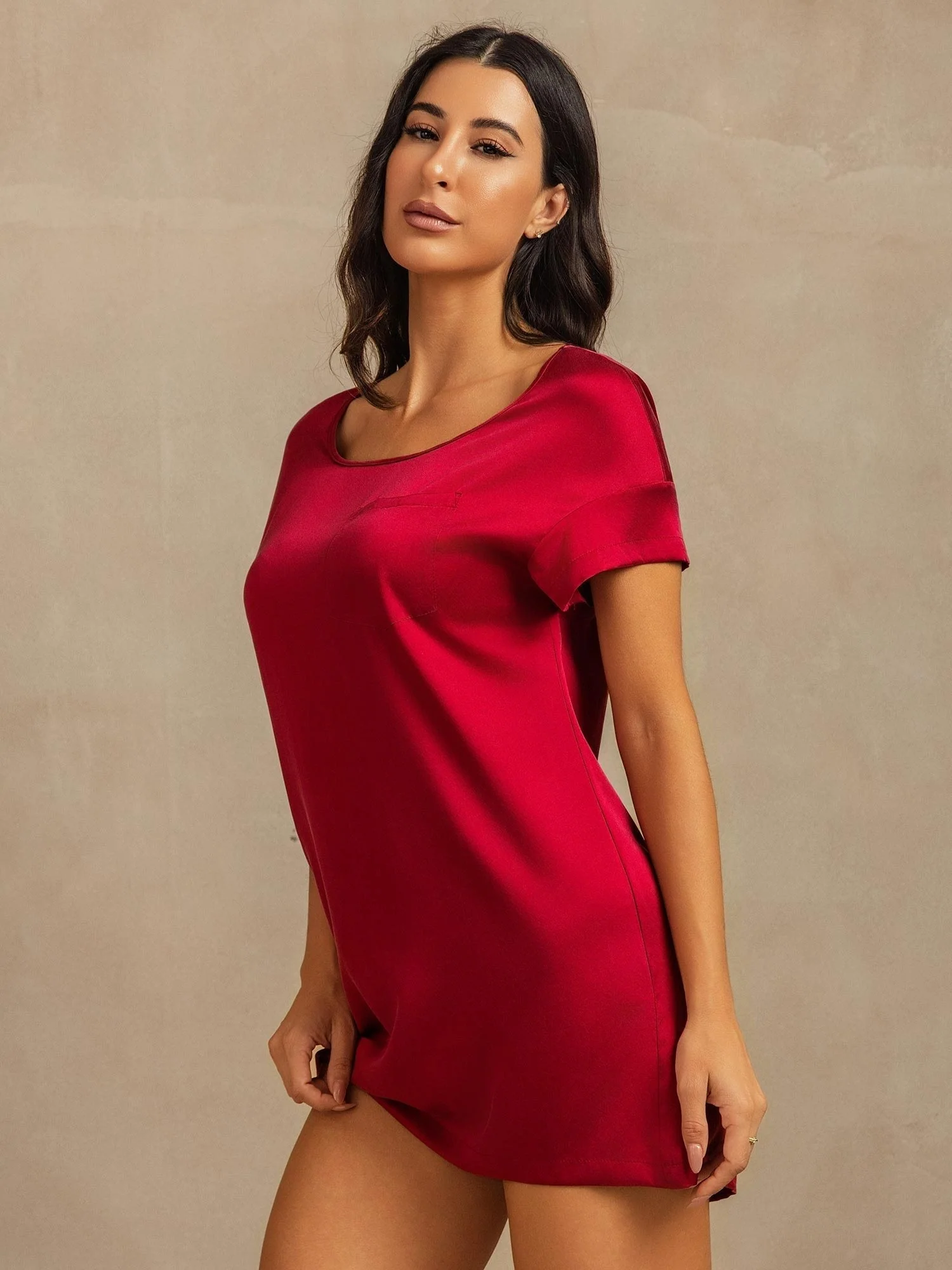 19Momme Washable Silk Short Sleeve Round Neck Short Nightdress - Image 36