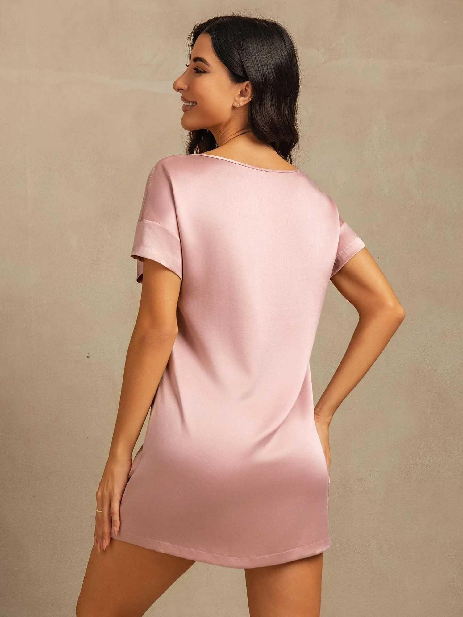 19Momme Washable Silk Short Sleeve Round Neck Short Nightdress - Image 9
