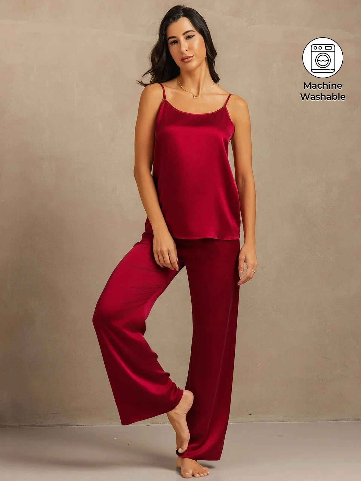 19Momme Washable Silk Spaghetti Strap Cami & Wide Leg Pants Set - Image 15