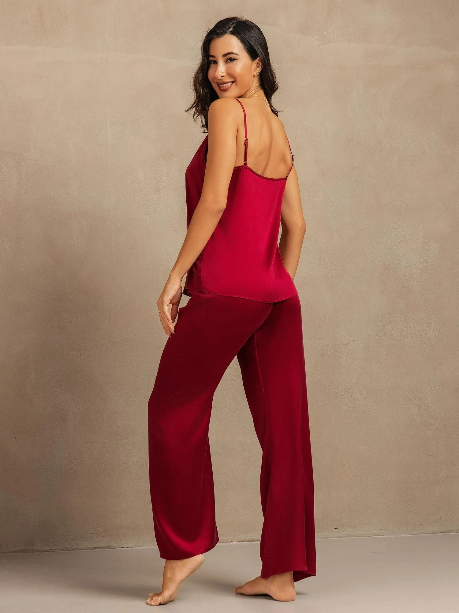 19Momme Washable Silk Spaghetti Strap Cami & Wide Leg Pants Set - Image 16