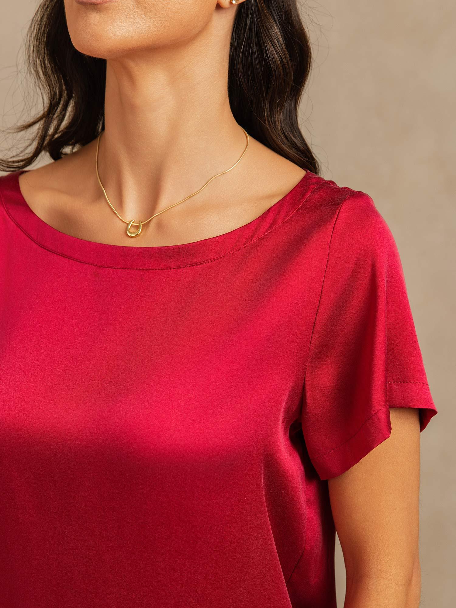 19Momme Women's Silk Short Sleeve Round Collar Pajamas Set with Side Pocket Design - Image 11
