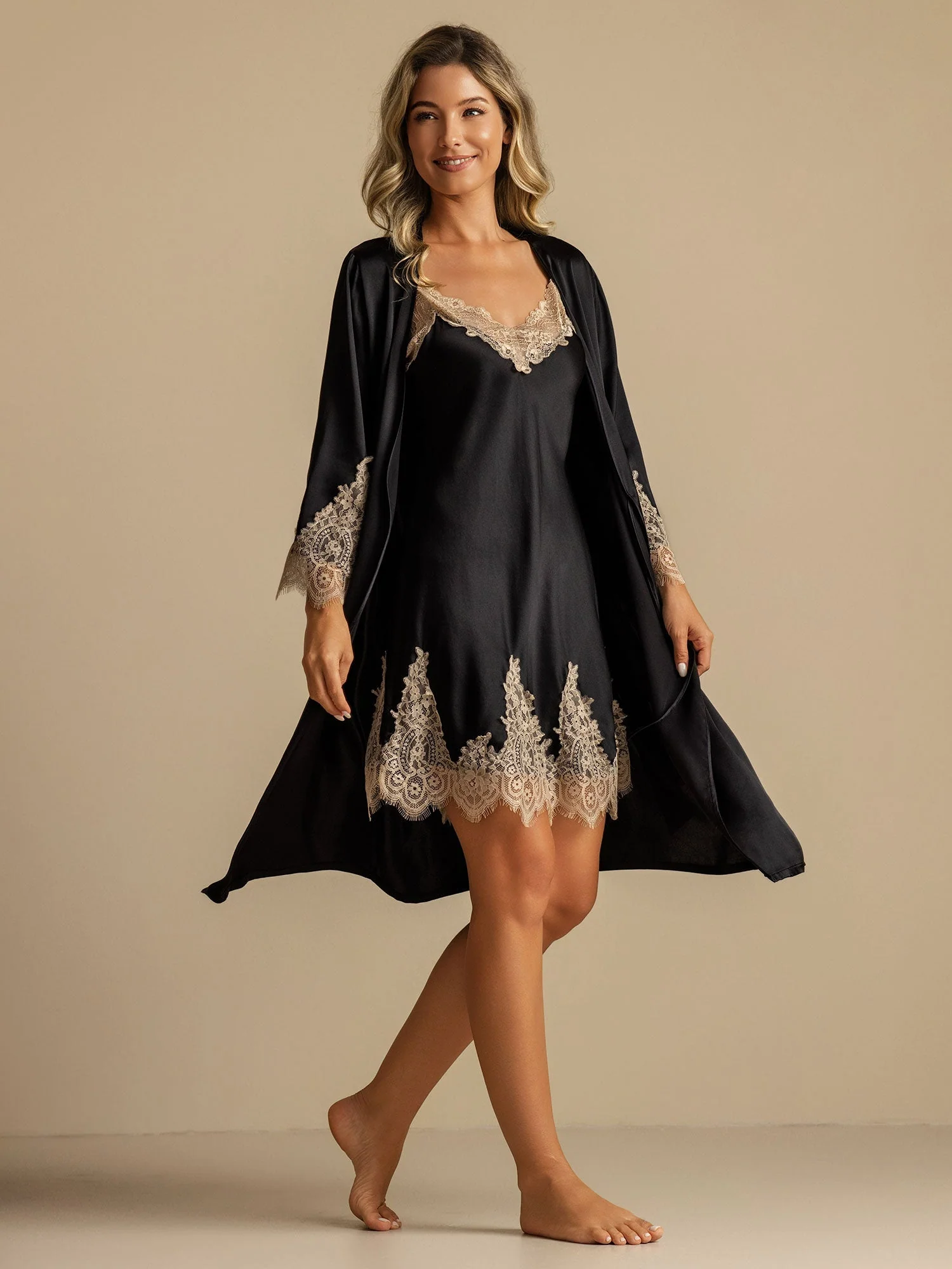 Pure Silk V Neck Short Nightdress&Dressing Gown Set with Lace Design - Image 11
