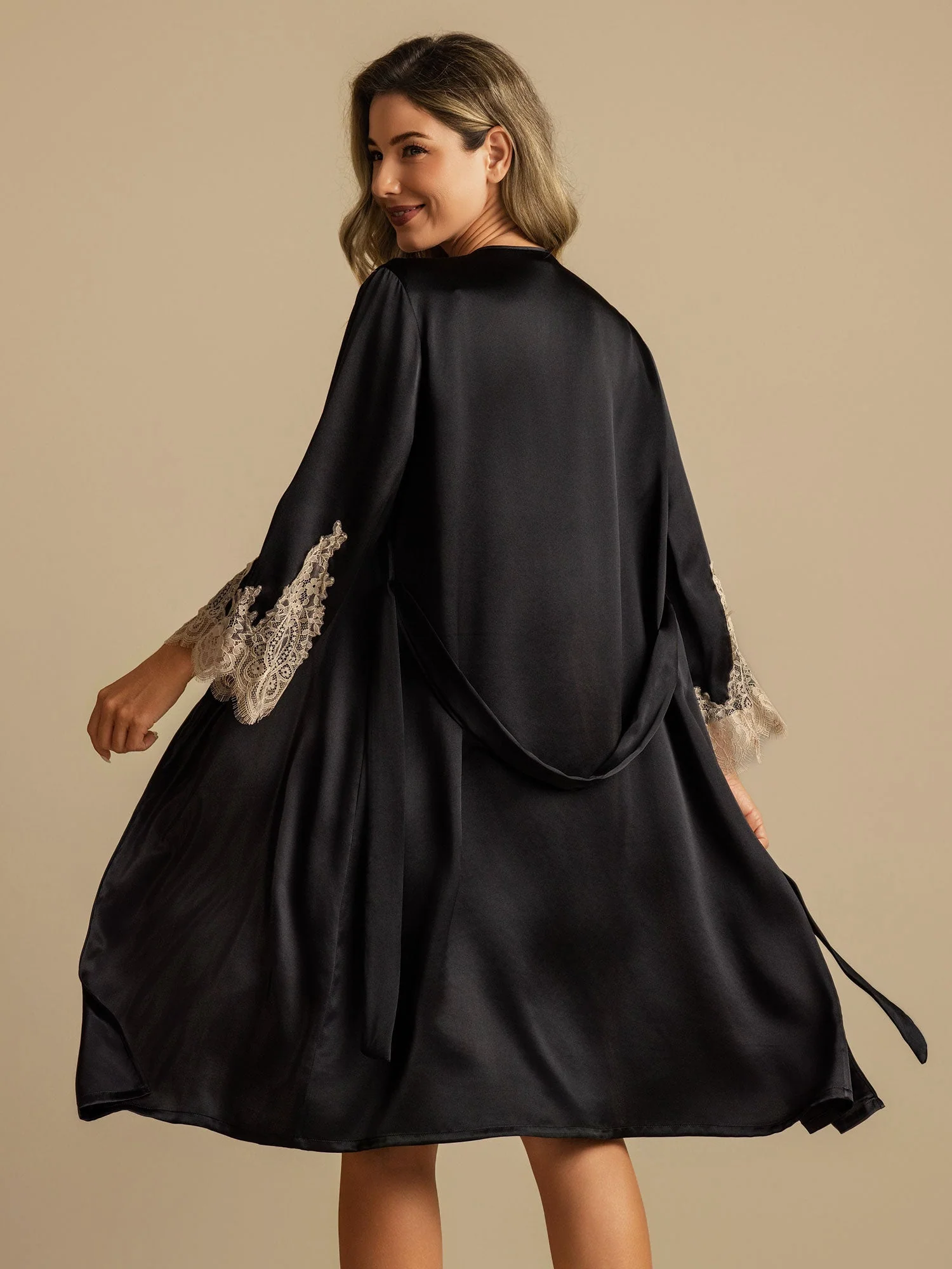 Pure Silk V Neck Short Nightdress&Dressing Gown Set with Lace Design - Image 12