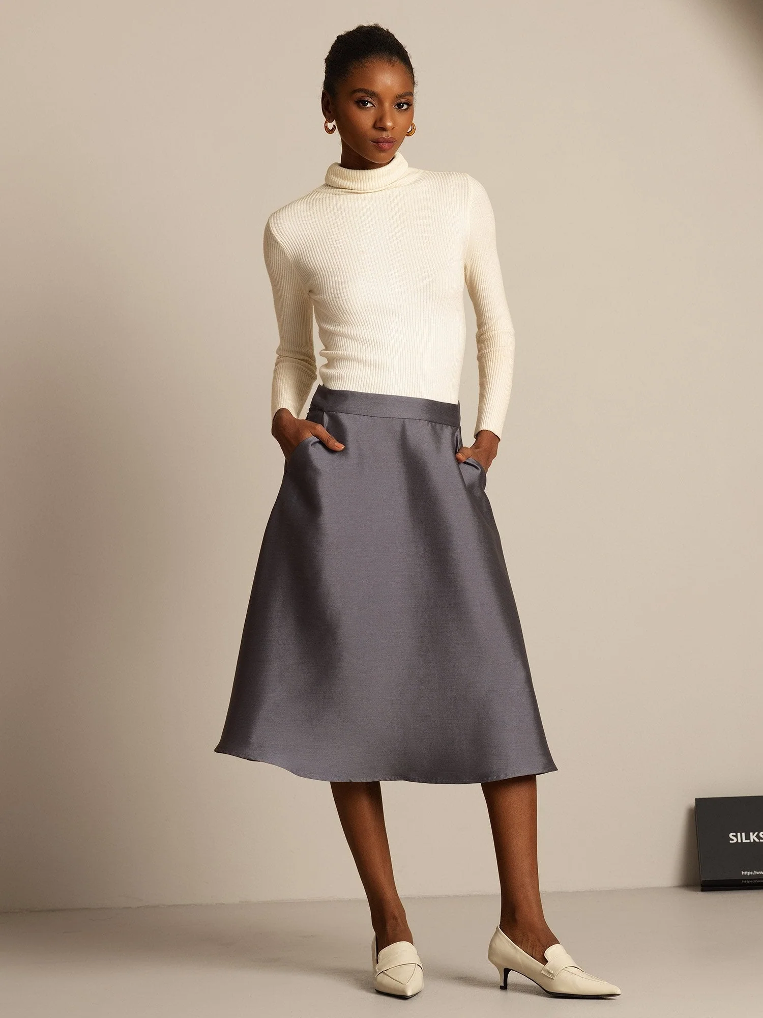 32Momme Silk-Wool Blend A Line Midi Skirt with Zipper Deign - Image 13