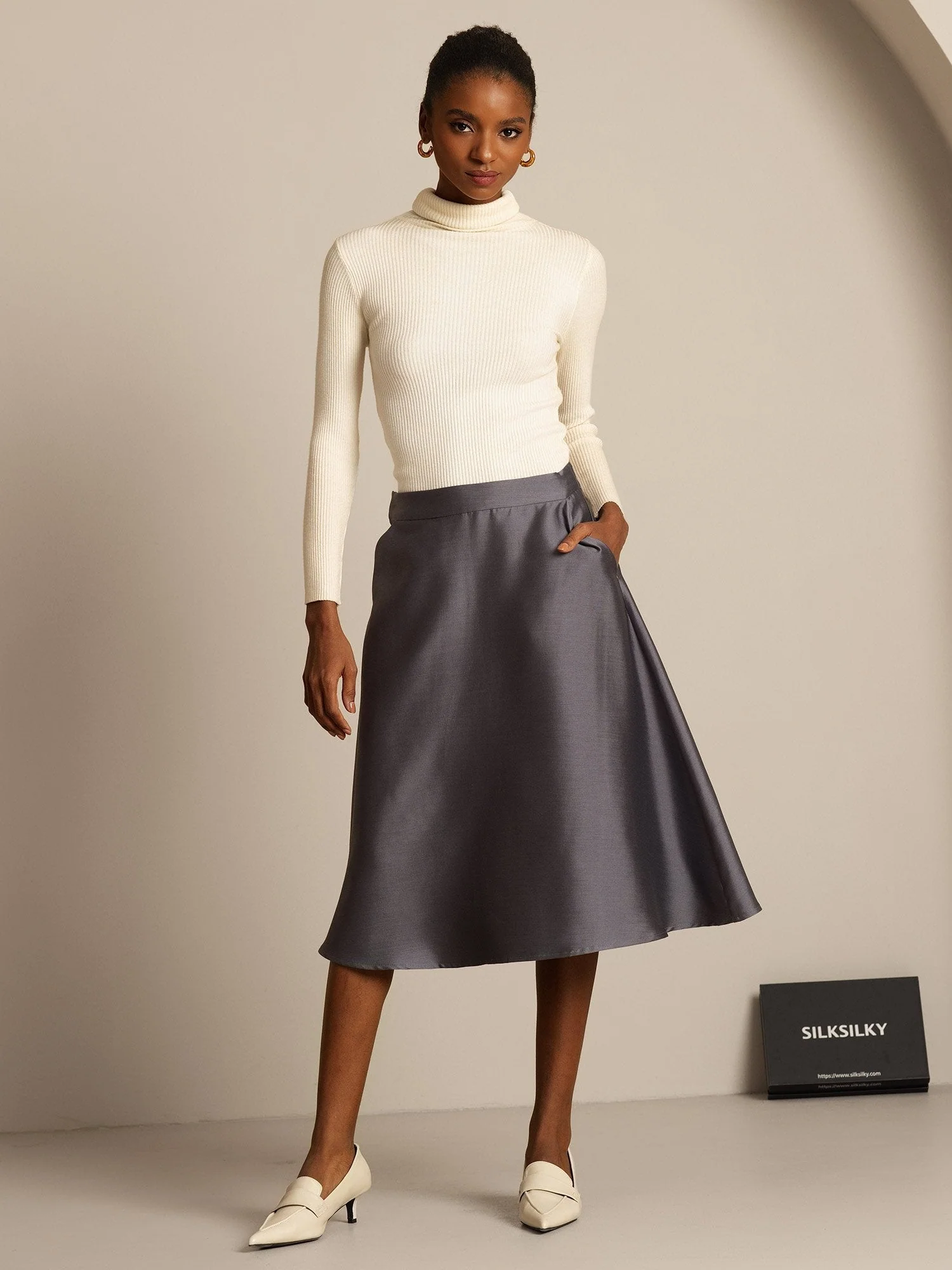 32Momme Silk-Wool Blend A Line Midi Skirt with Zipper Deign - Image 14