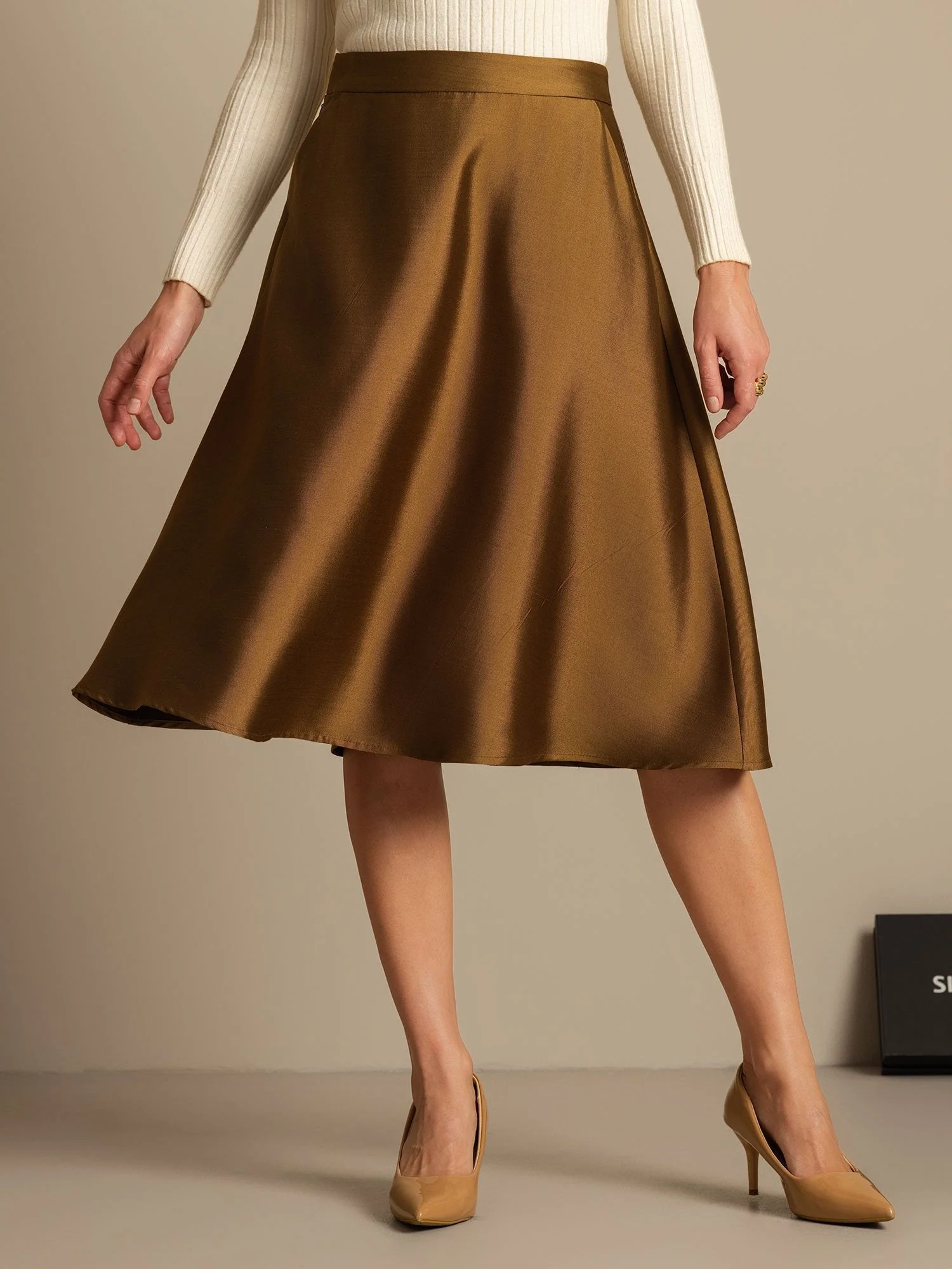 32Momme Silk-Wool Blend A Line Midi Skirt with Zipper Deign - Image 19
