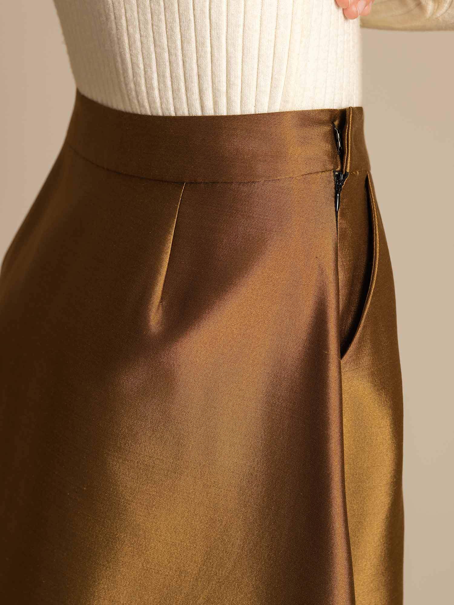 32Momme Silk-Wool Blend A Line Midi Skirt with Zipper Deign - Image 20