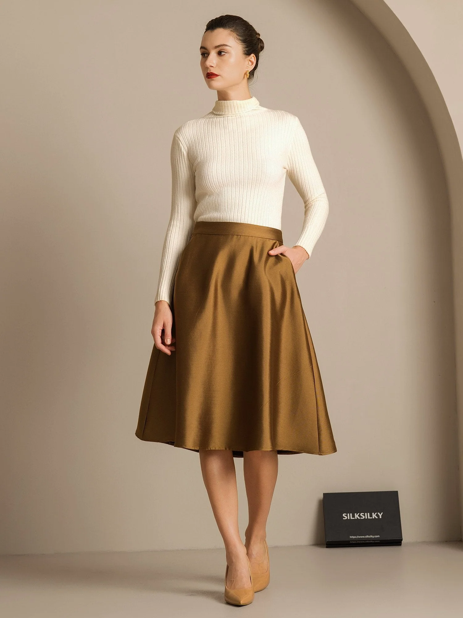 32Momme Silk-Wool Blend A Line Midi Skirt with Zipper Deign - Image 21