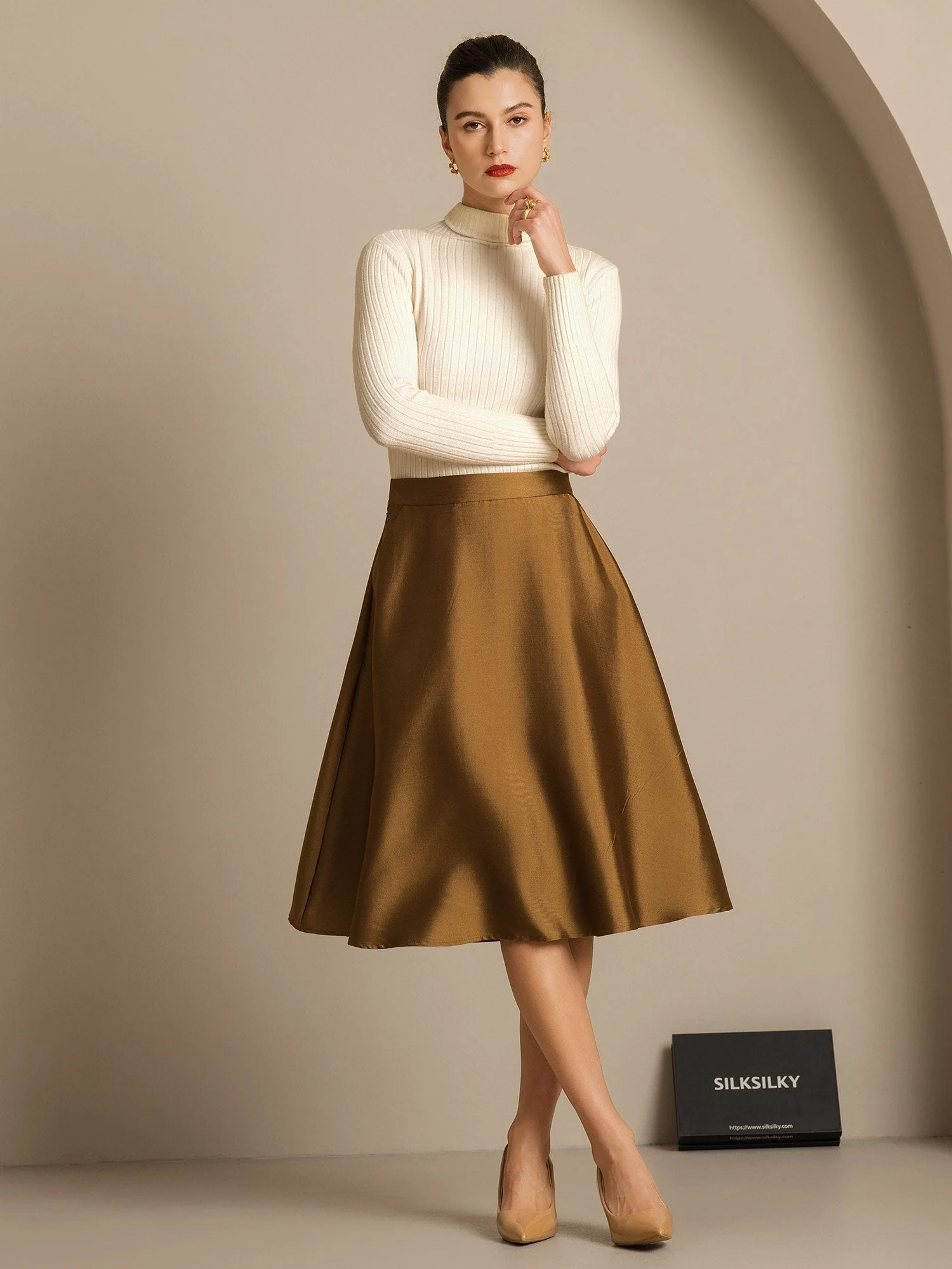 32Momme Silk-Wool Blend A Line Midi Skirt with Zipper Deign - Image 22