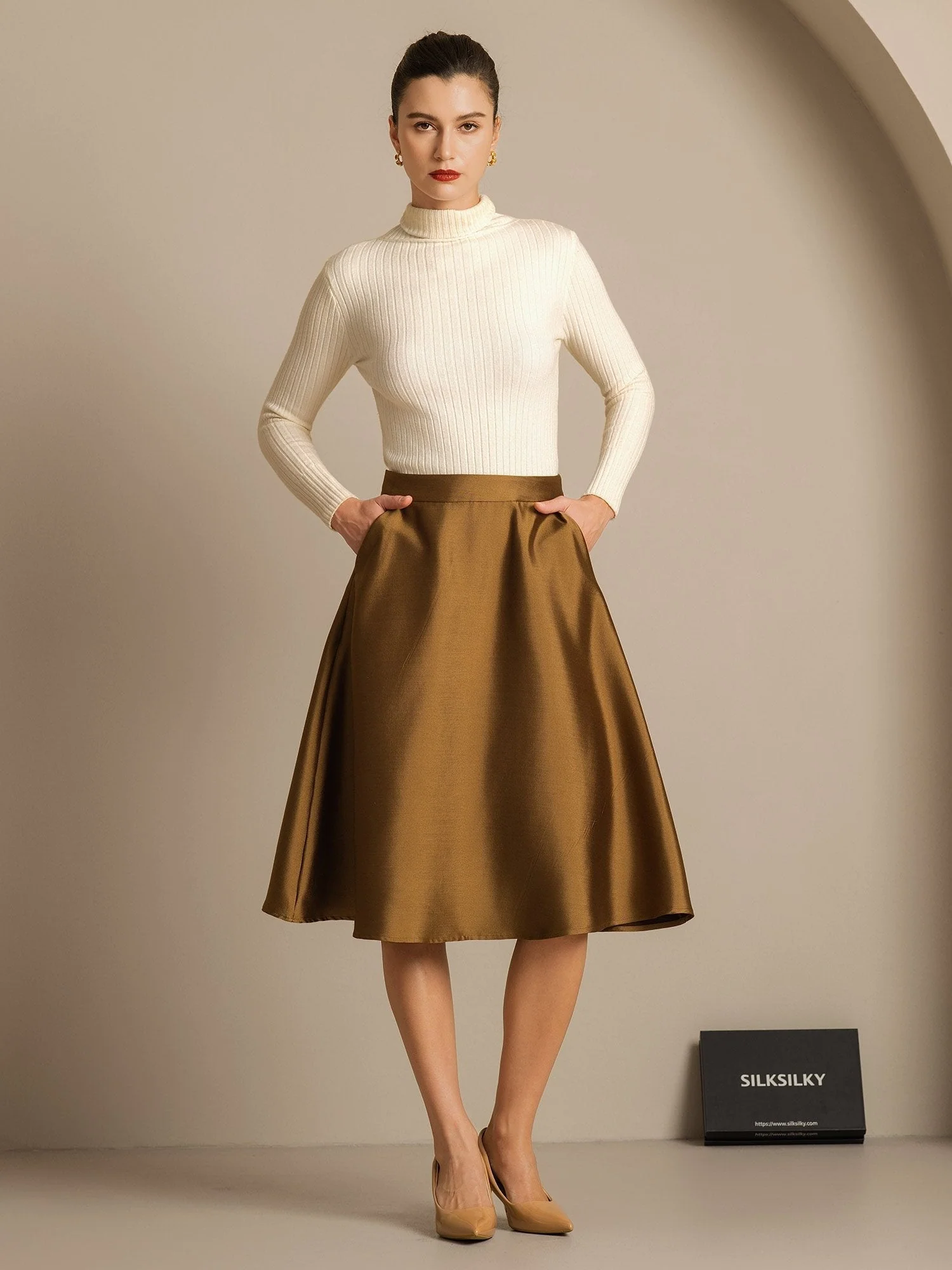 32Momme Silk-Wool Blend A Line Midi Skirt with Zipper Deign - Image 24