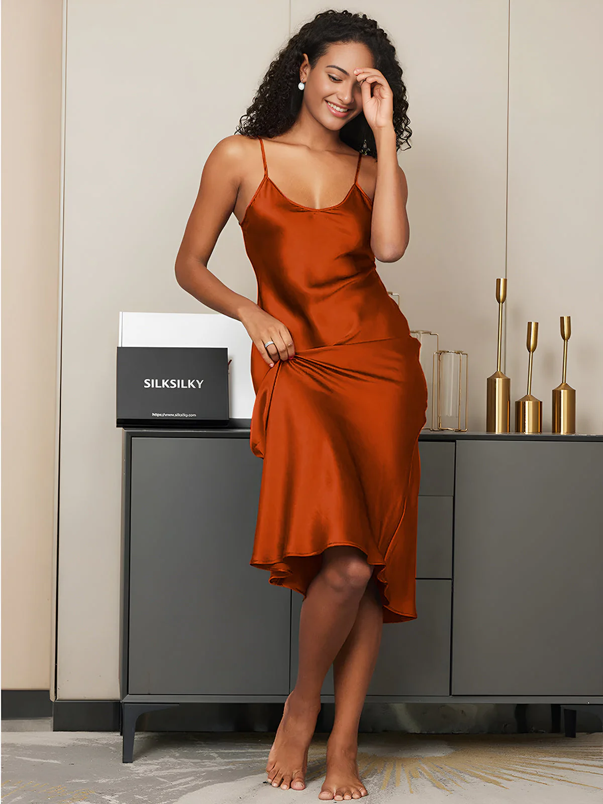 Pure Silk Spaghetti Strap V-neck Midi Nightdress - Image 25