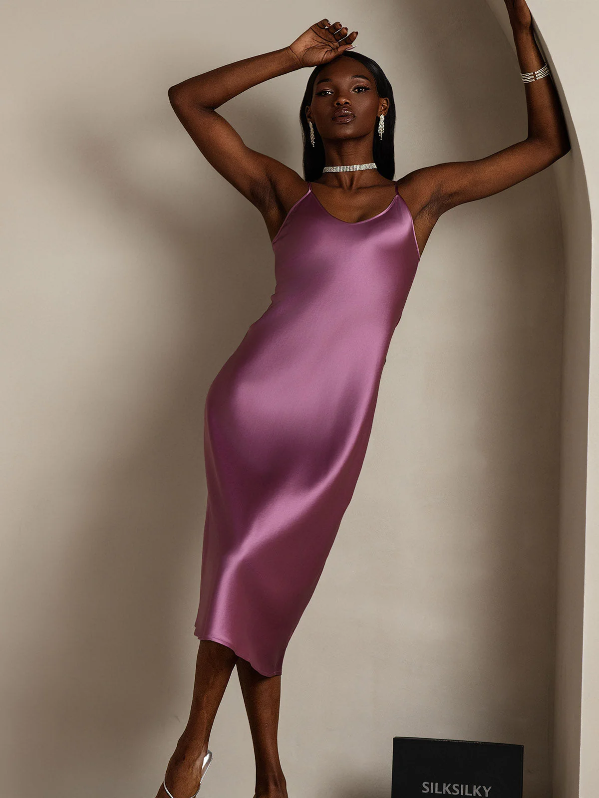 Pure Silk Spaghetti Strap V-neck Midi Nightdress - Image 57