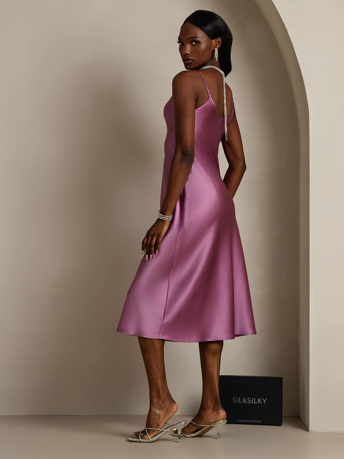 Pure Silk Spaghetti Strap V-neck Midi Nightdress - Image 58