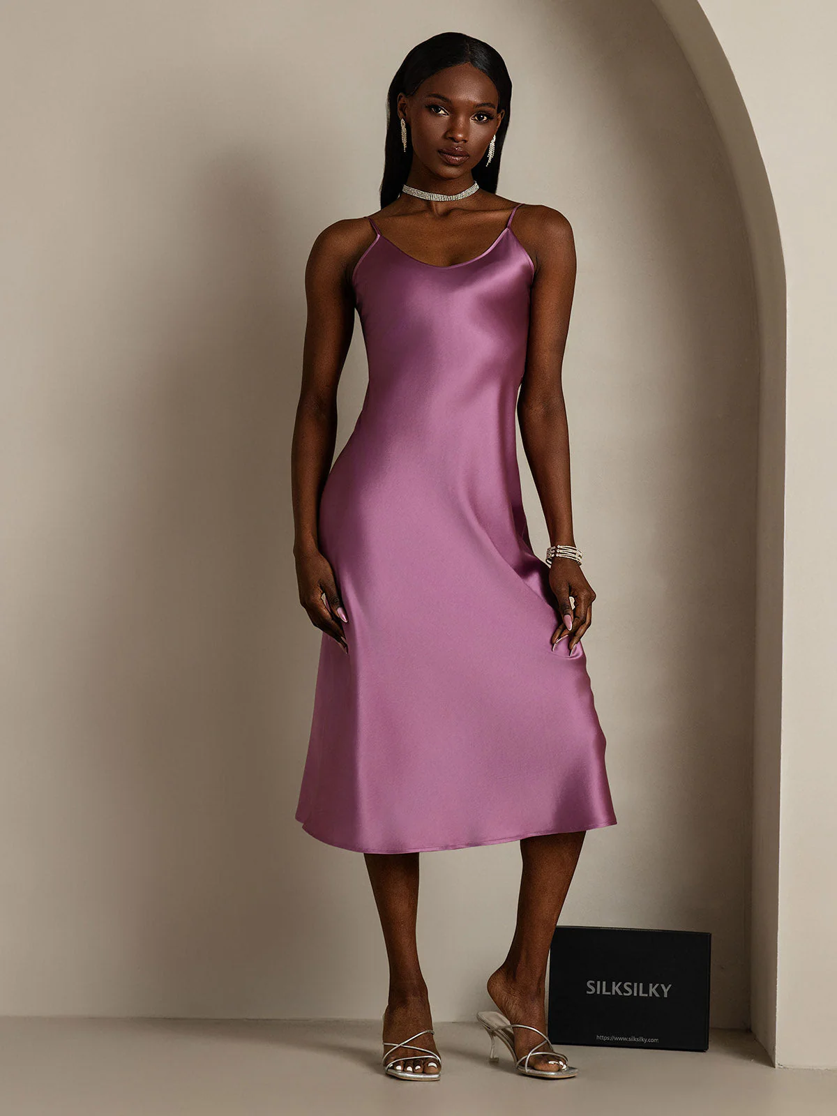 Pure Silk Spaghetti Strap V-neck Midi Nightdress - Image 60