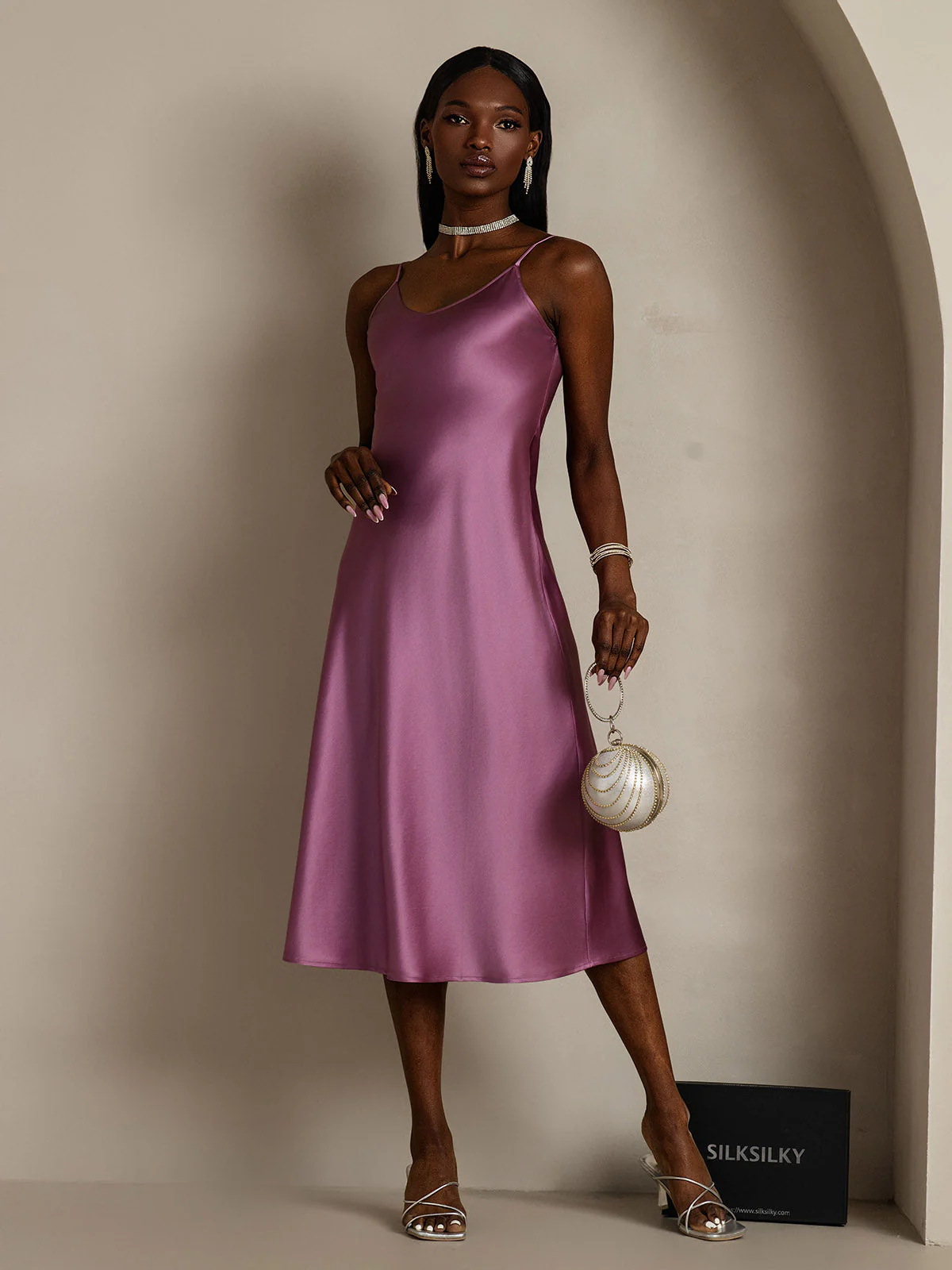 Pure Silk Spaghetti Strap V-neck Midi Nightdress - Image 63