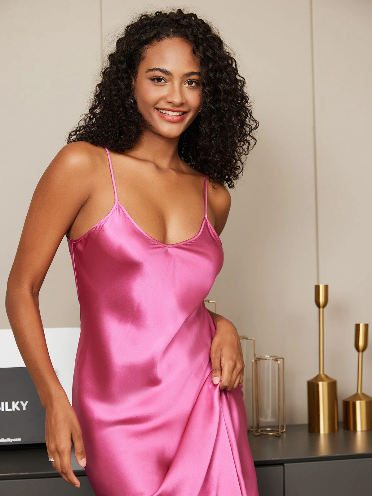 Pure Silk Spaghetti Strap V-neck Midi Nightdress - Image 96