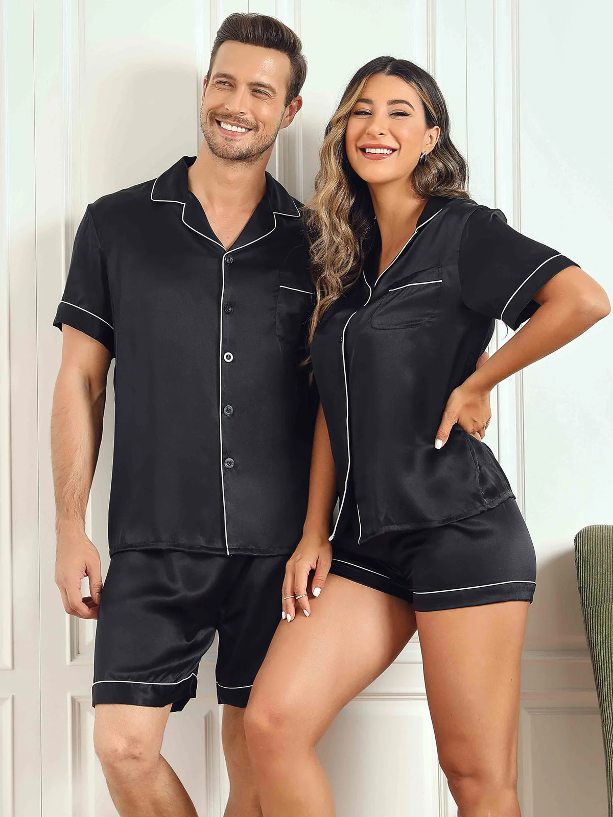 Couple Pure Silk Short Pyjama Sets Total 4Pcs - Image 81
