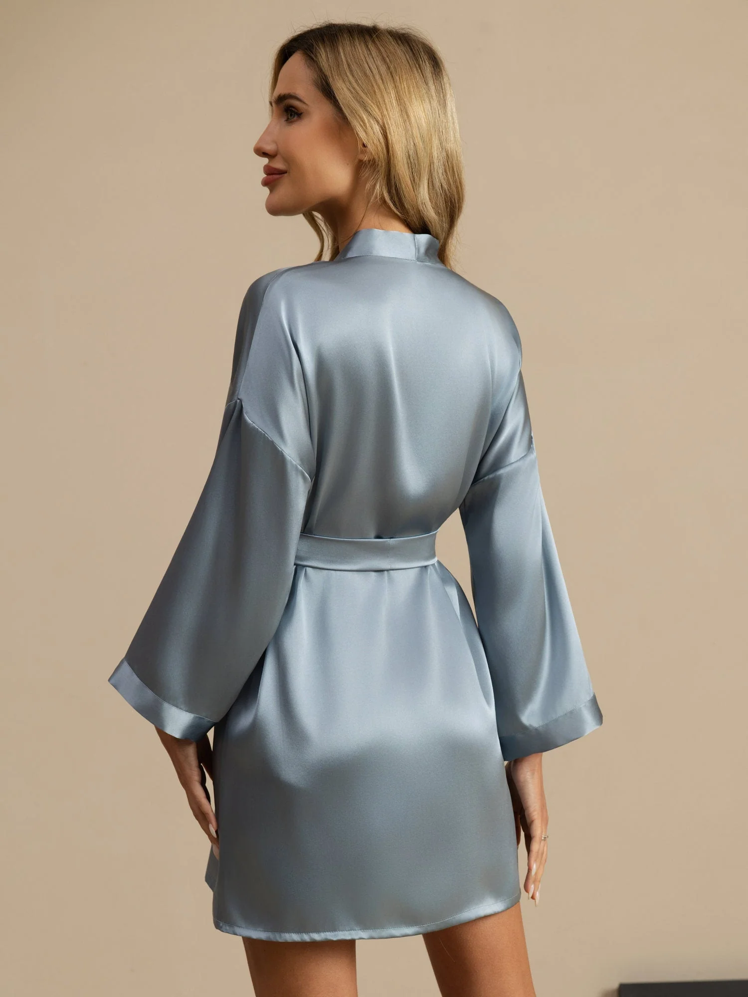 Pure Silk 3/4 Sleeve Short Women's Kimono Dressing Gown with Wrap Design - Image 35