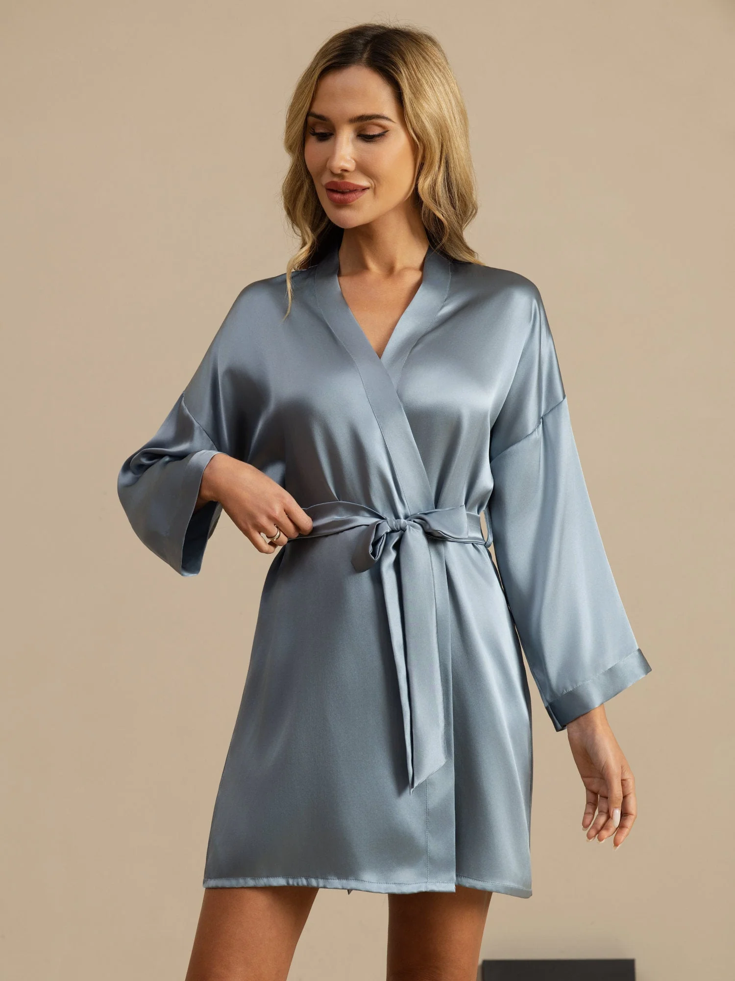 Pure Silk 3/4 Sleeve Short Women's Kimono Dressing Gown with Wrap Design - Image 37