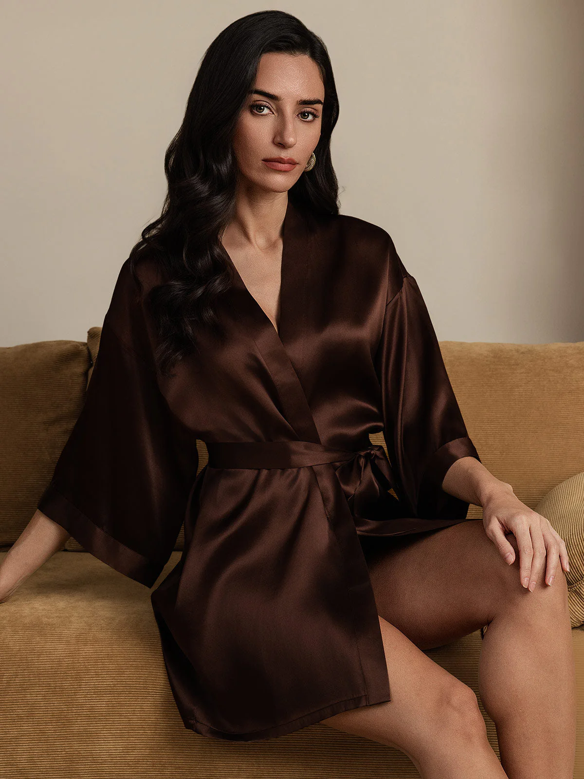 Pure Silk 3/4 Sleeve Short Women's Kimono Dressing Gown with Wrap Design - Image 47