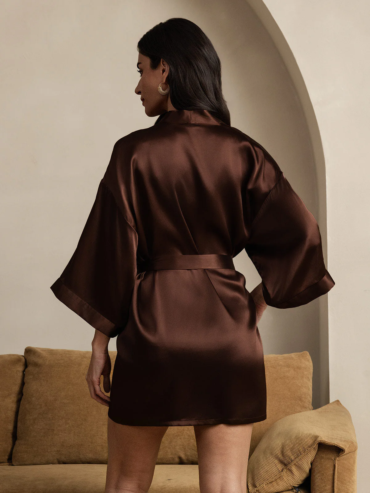 Pure Silk Short Women's Kimono Dressing Gown with Wrap Design - Image 24
