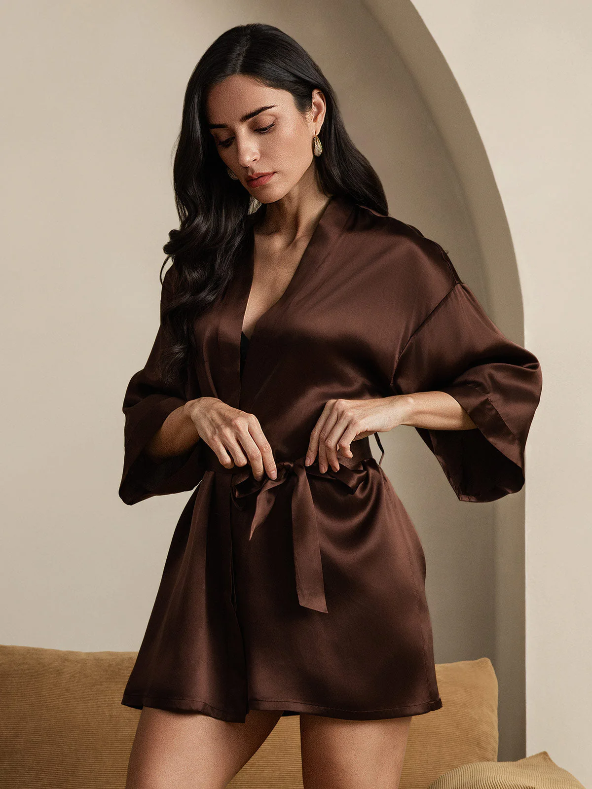 Pure Silk Short Women's Kimono Dressing Gown with Wrap Design - Image 27
