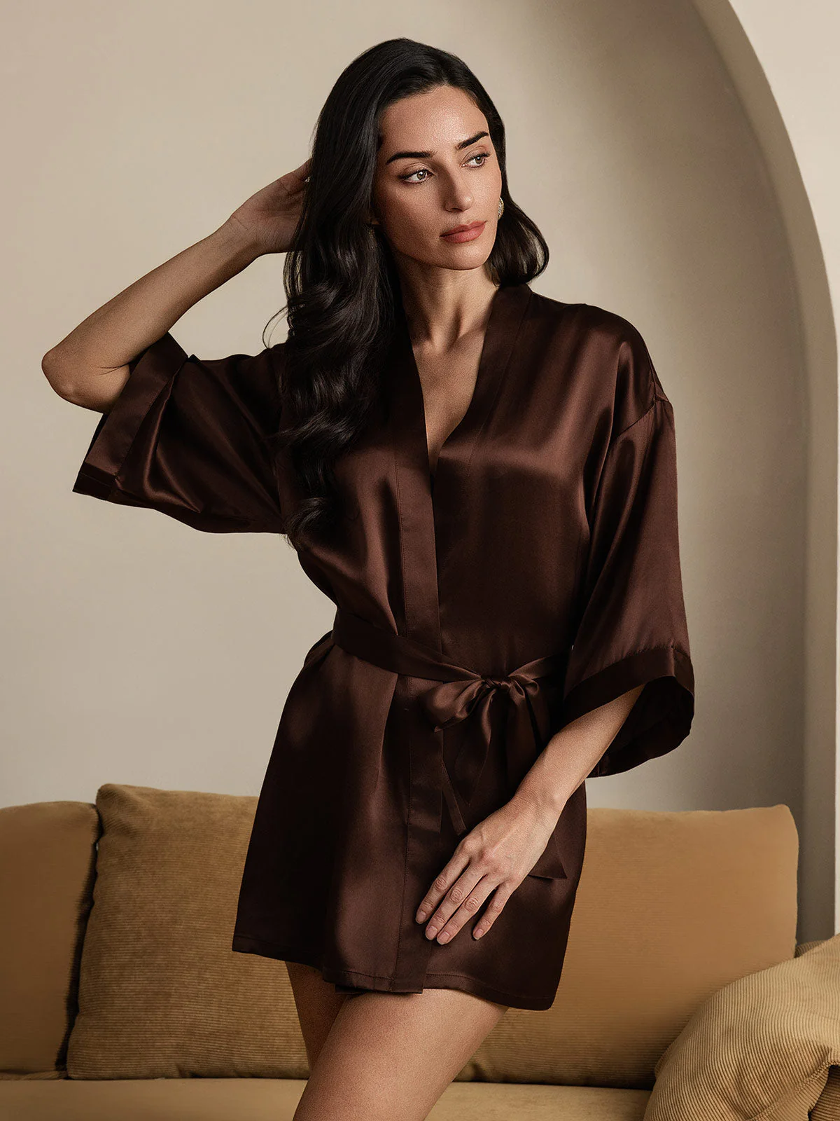 Pure Silk Short Women's Kimono Dressing Gown with Wrap Design - Image 28
