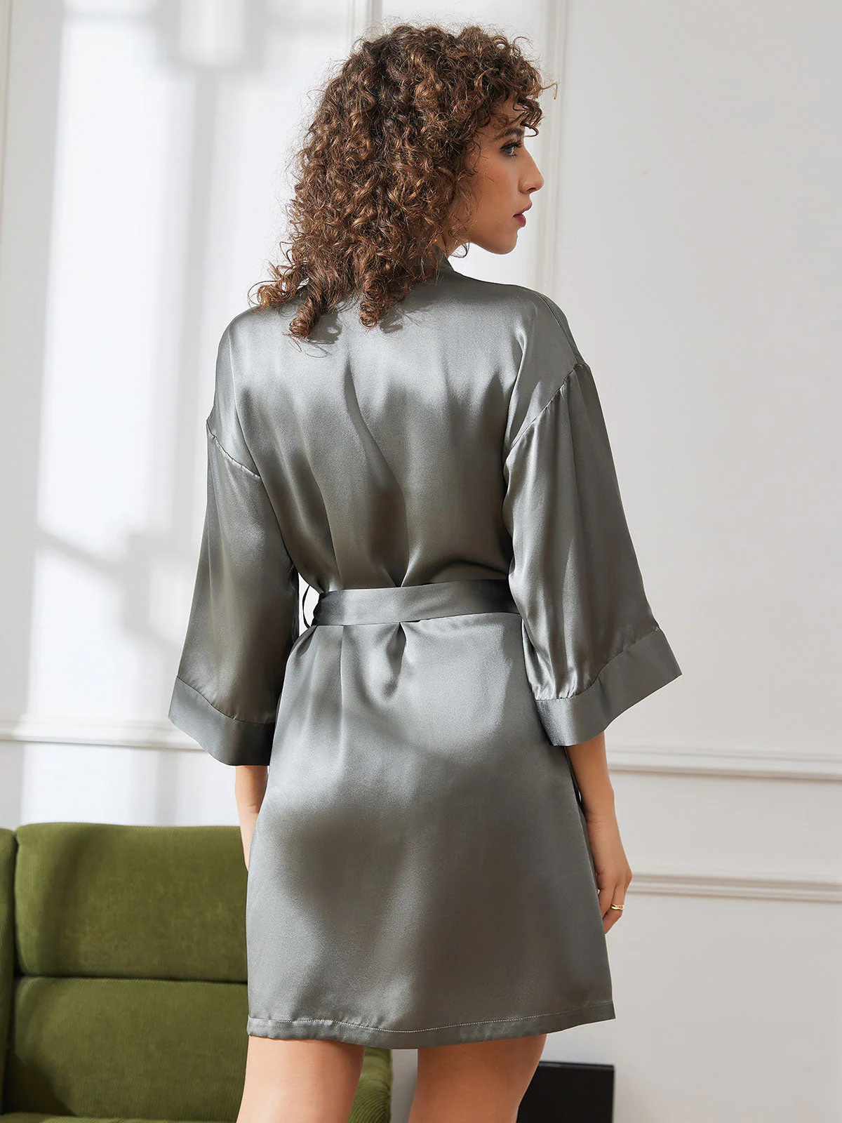 Pure Silk Short Women's Kimono Dressing Gown with Wrap Design - Image 43