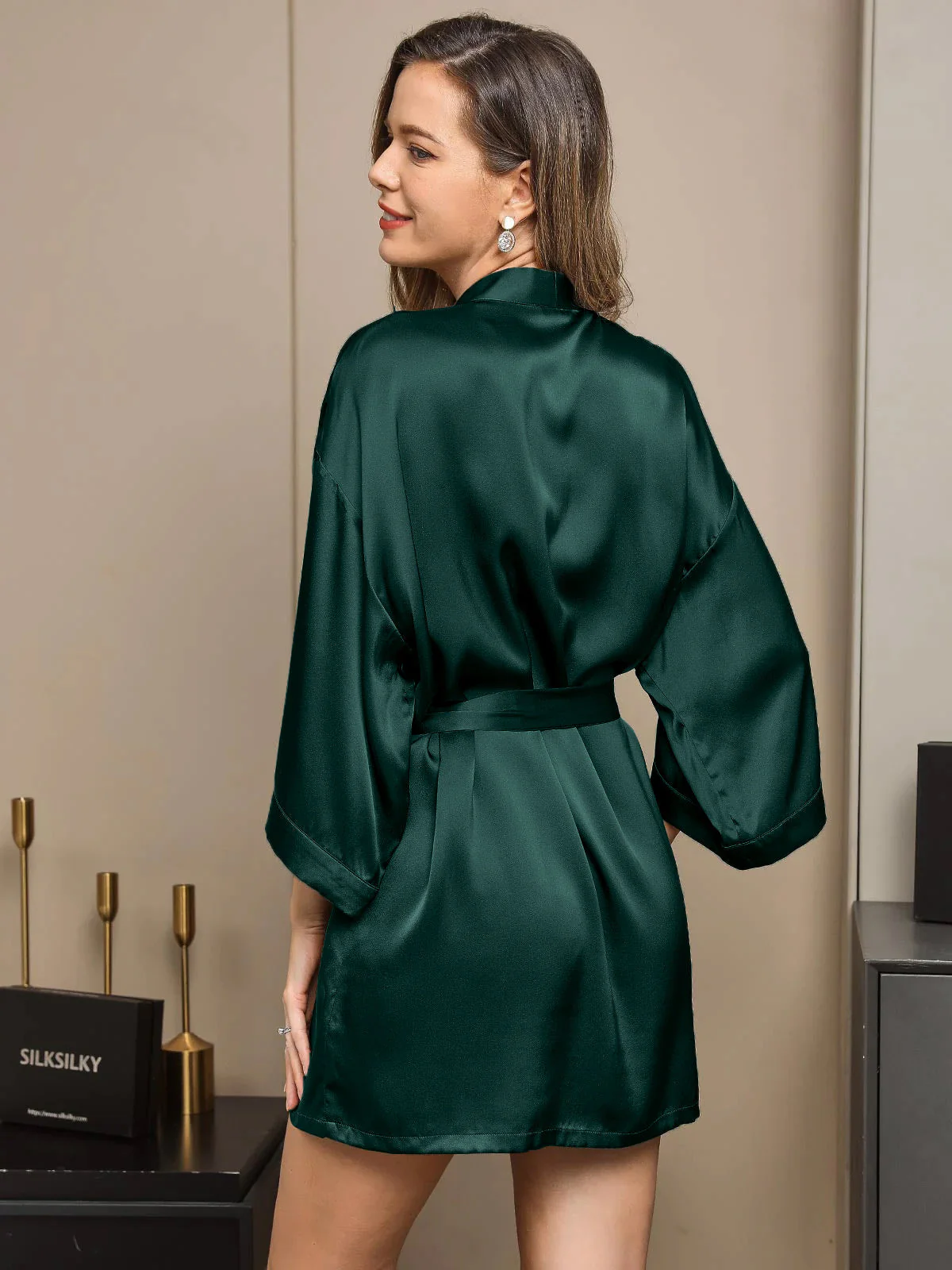 Pure Silk Short Women's Kimono Dressing Gown with Wrap Design - Image 7