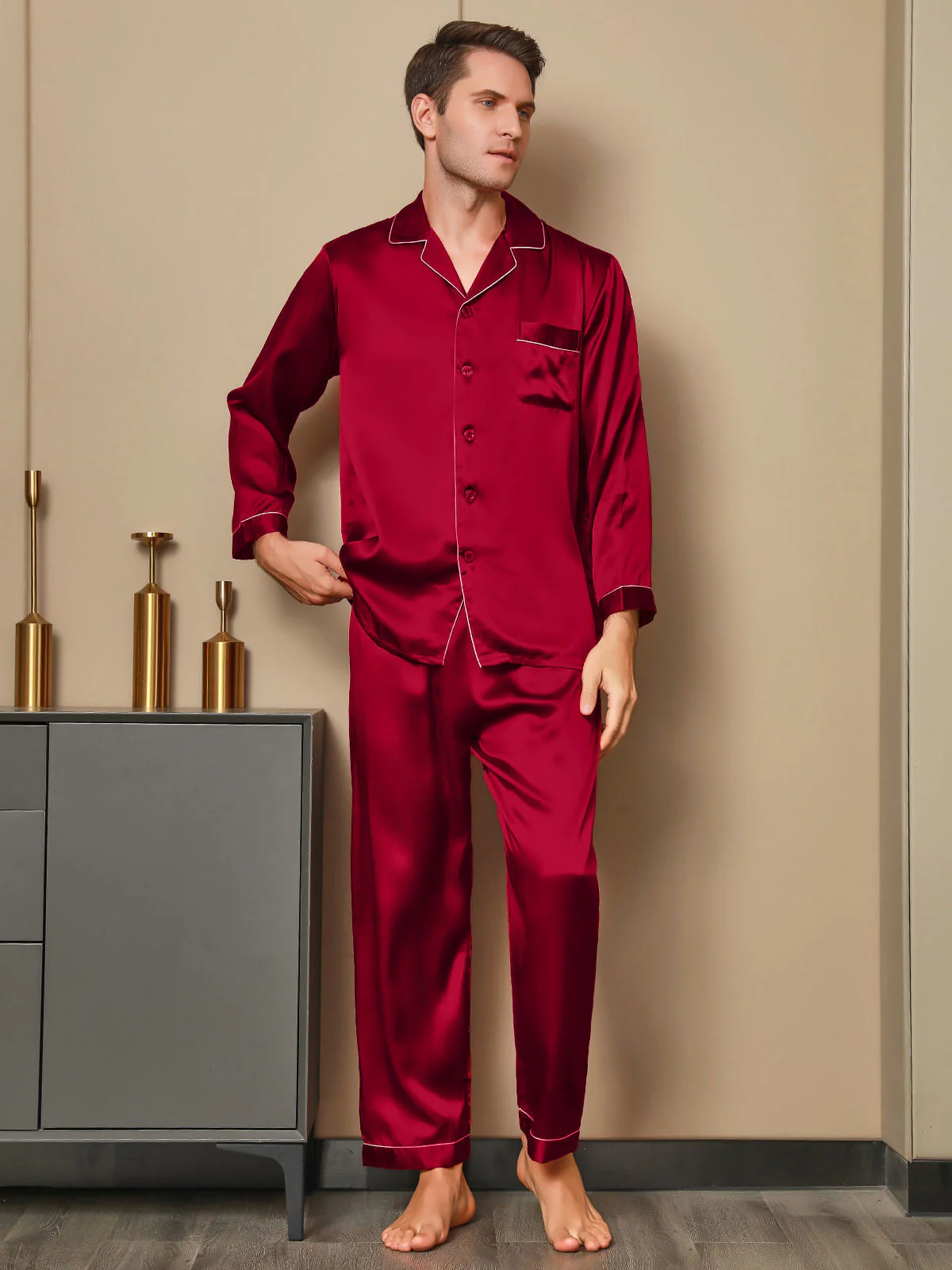 Pure Silk Long Sleeve Notch Collar Men's Pyjamas Set with Button Up Design - Image 21