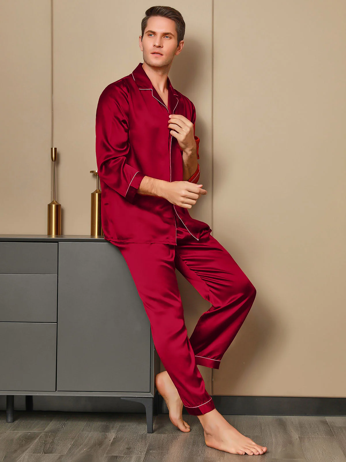 Pure Silk Long Sleeve Notch Collar Men's Pyjamas Set with Button Up Design - Image 22
