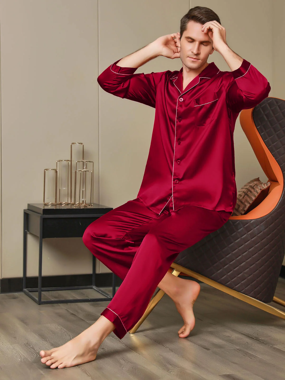 Pure Silk Long Sleeve Notch Collar Men's Pyjamas Set with Button Up Design - Image 23