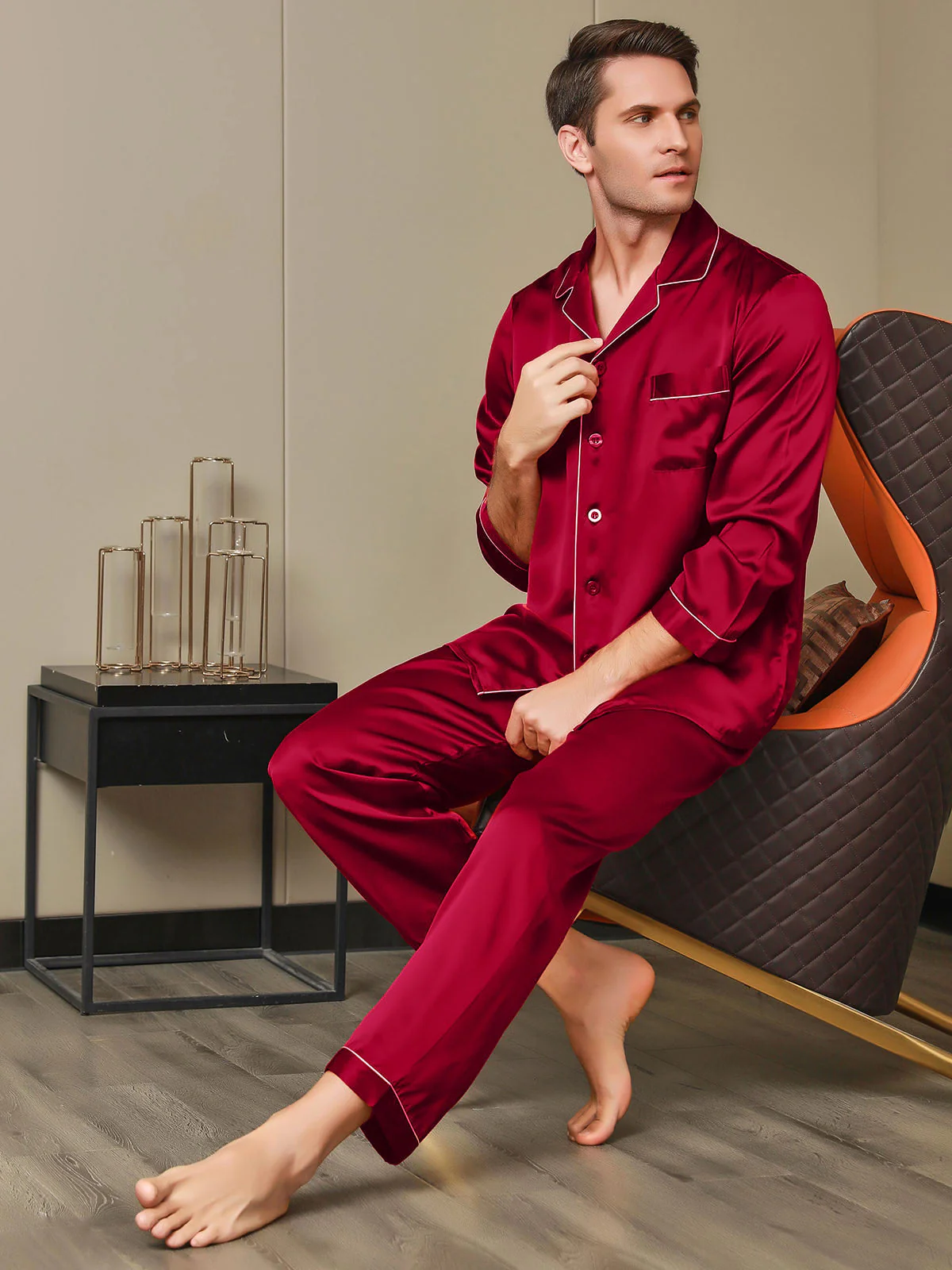 Pure Silk Long Sleeve Notch Collar Men's Pyjamas Set with Button Up Design - Image 24