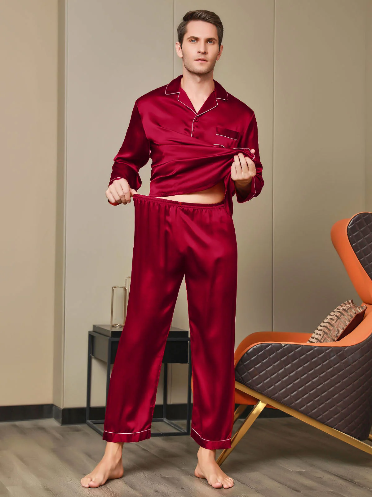 Pure Silk Long Sleeve Notch Collar Men's Pyjamas Set with Button Up Design - Image 25