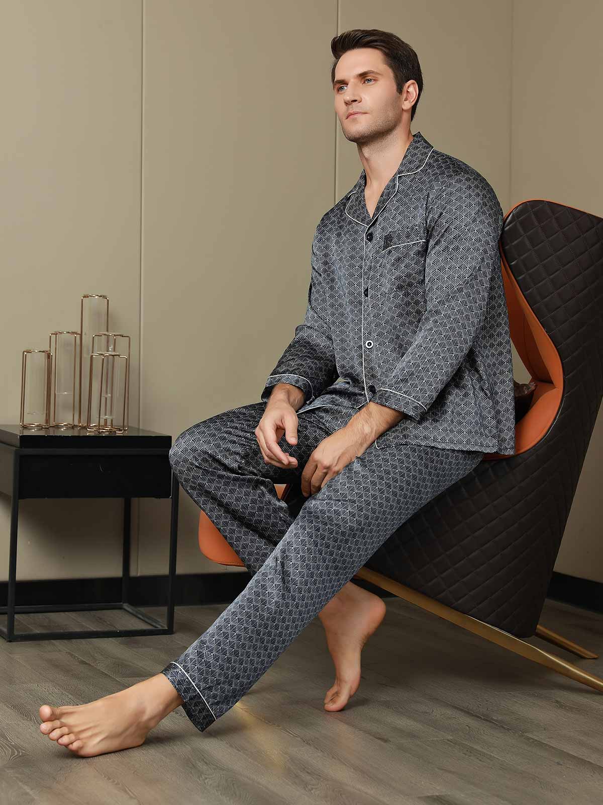 Pure Silk Navy Ginkgo Print Long Sleeve Men's Pyjamas Set With Pants - Image 11