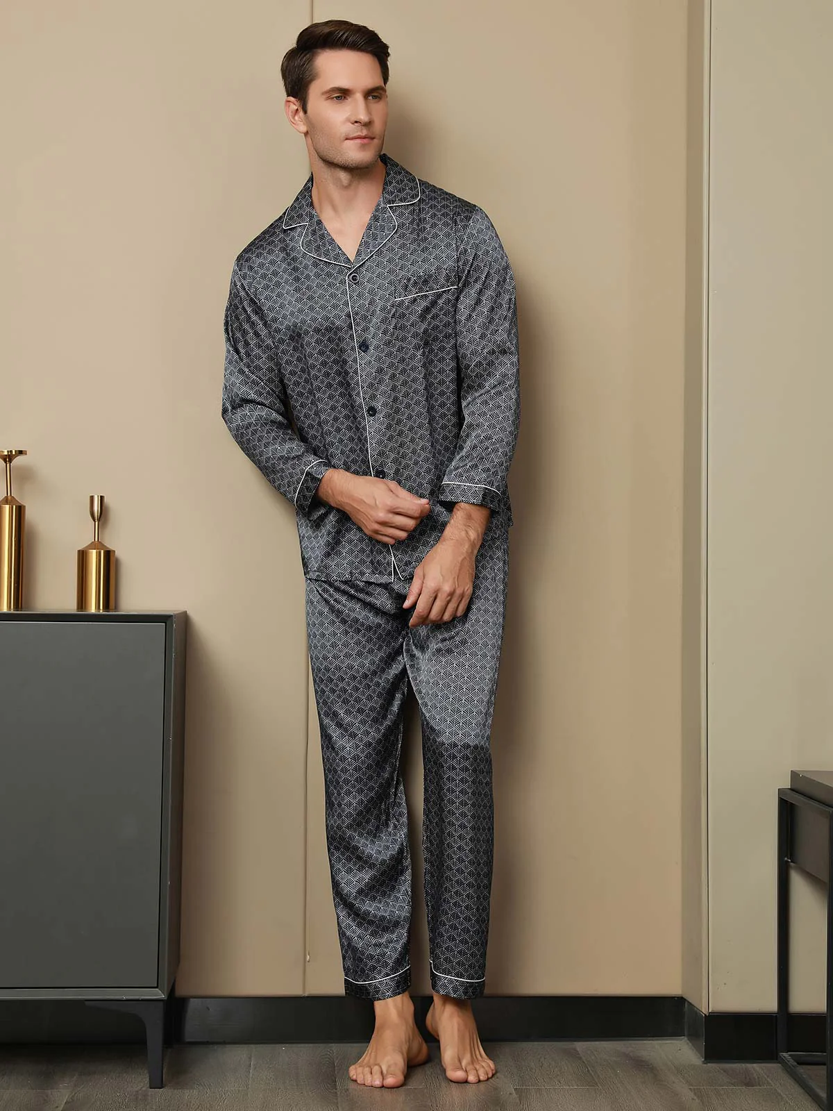 Pure Silk Navy Ginkgo Print Long Sleeve Men's Pyjamas Set With Pants - Image 12